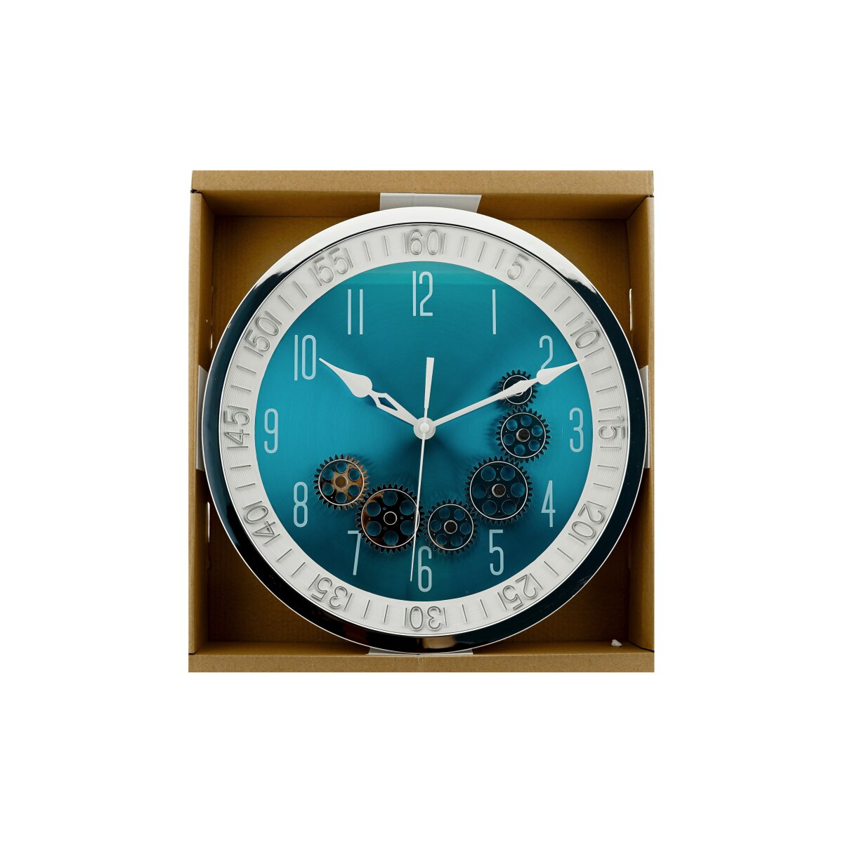 Eine Uhr mit türkisfarbenem Zifferblatt und silbernem Rahmen. Sie hat Zahnräder als Akzente und befindet sich in einem Karton.