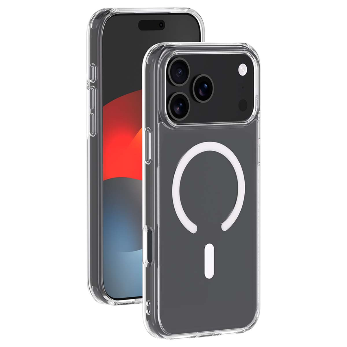 Due smartphone in custodie trasparenti. Una custodia ha un design a cerchio e linea bianco. Gli schermi sono visibili.