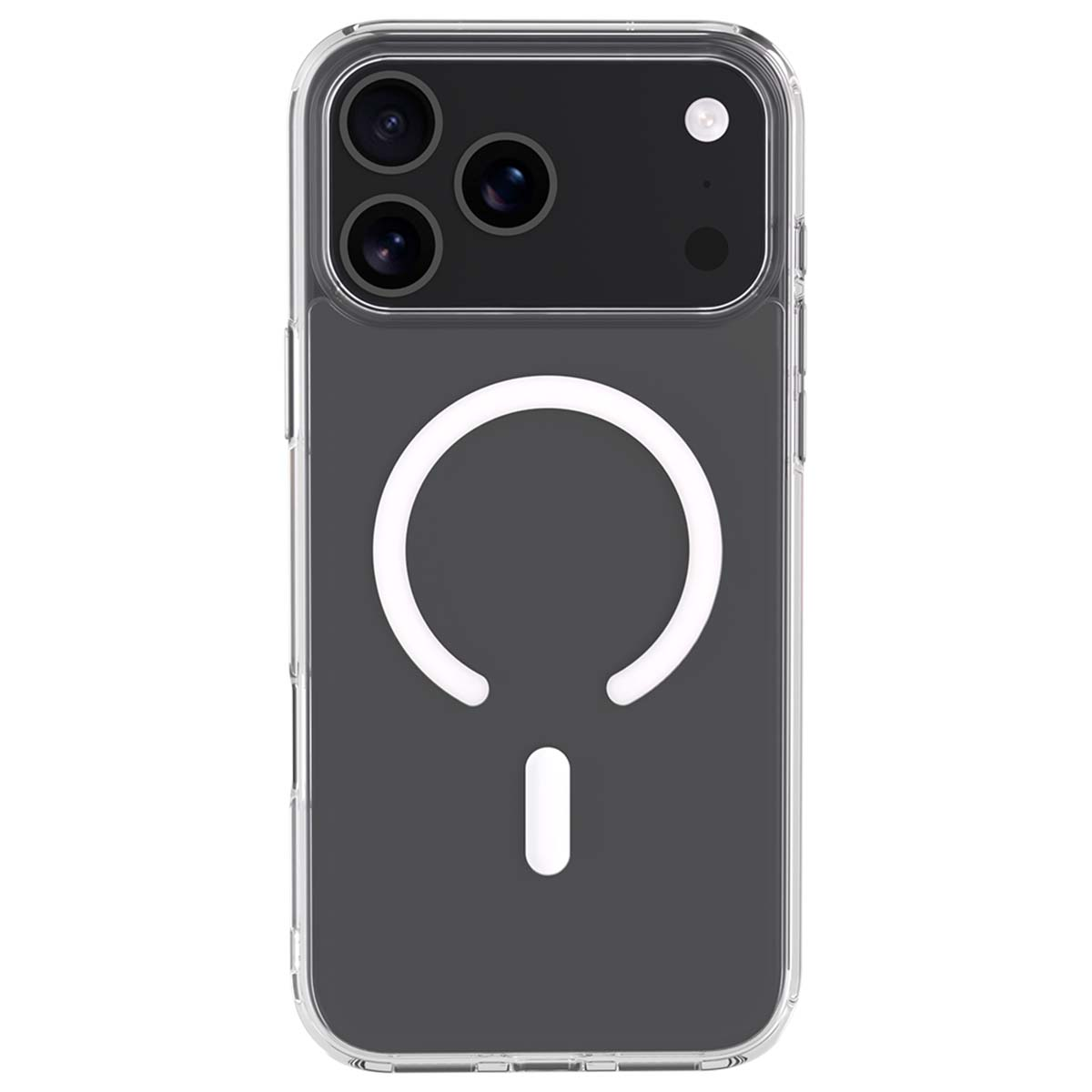 Custodia trasparente per telefono con retro grigio. Ha un cerchio bianco con una linea sotto. La parte superiore ha tre obiettivi.