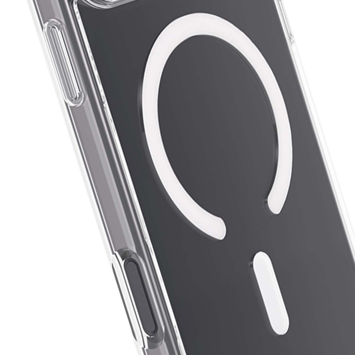Custodia trasparente per telefono. Un anello magnetico bianco e una forma a trattino si trovano all'interno grigio scuro. La custodia ha una struttura in plastica trasparente.