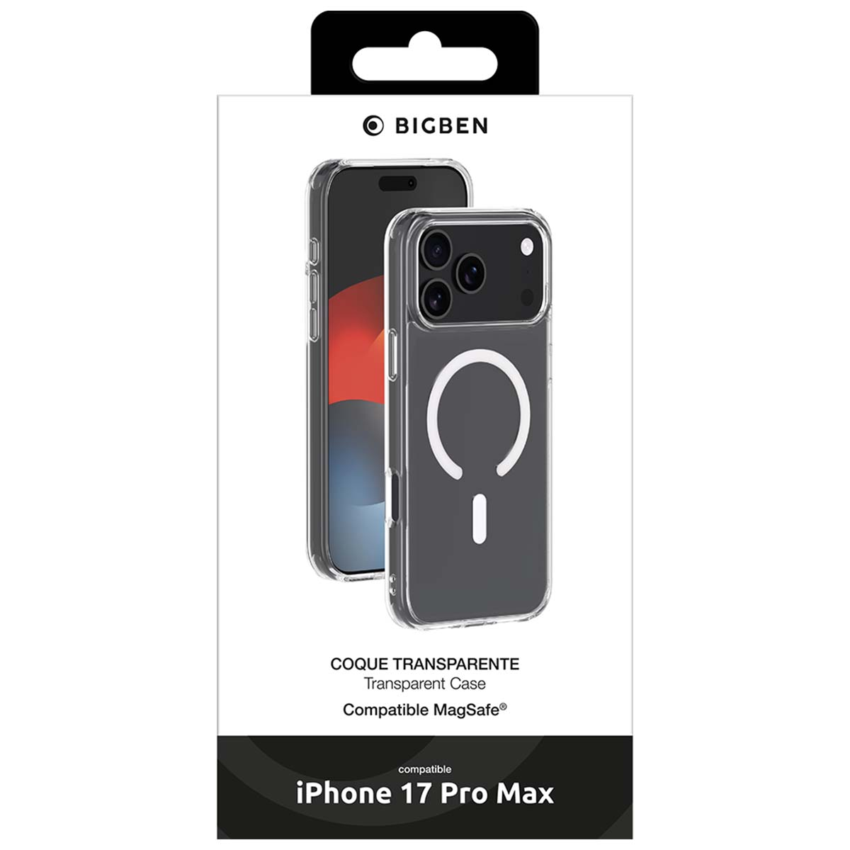 L'immagine mostra un iPhone 17 Pro Max con una custodia trasparente Bigben. La custodia ha un simbolo MagSafe.
