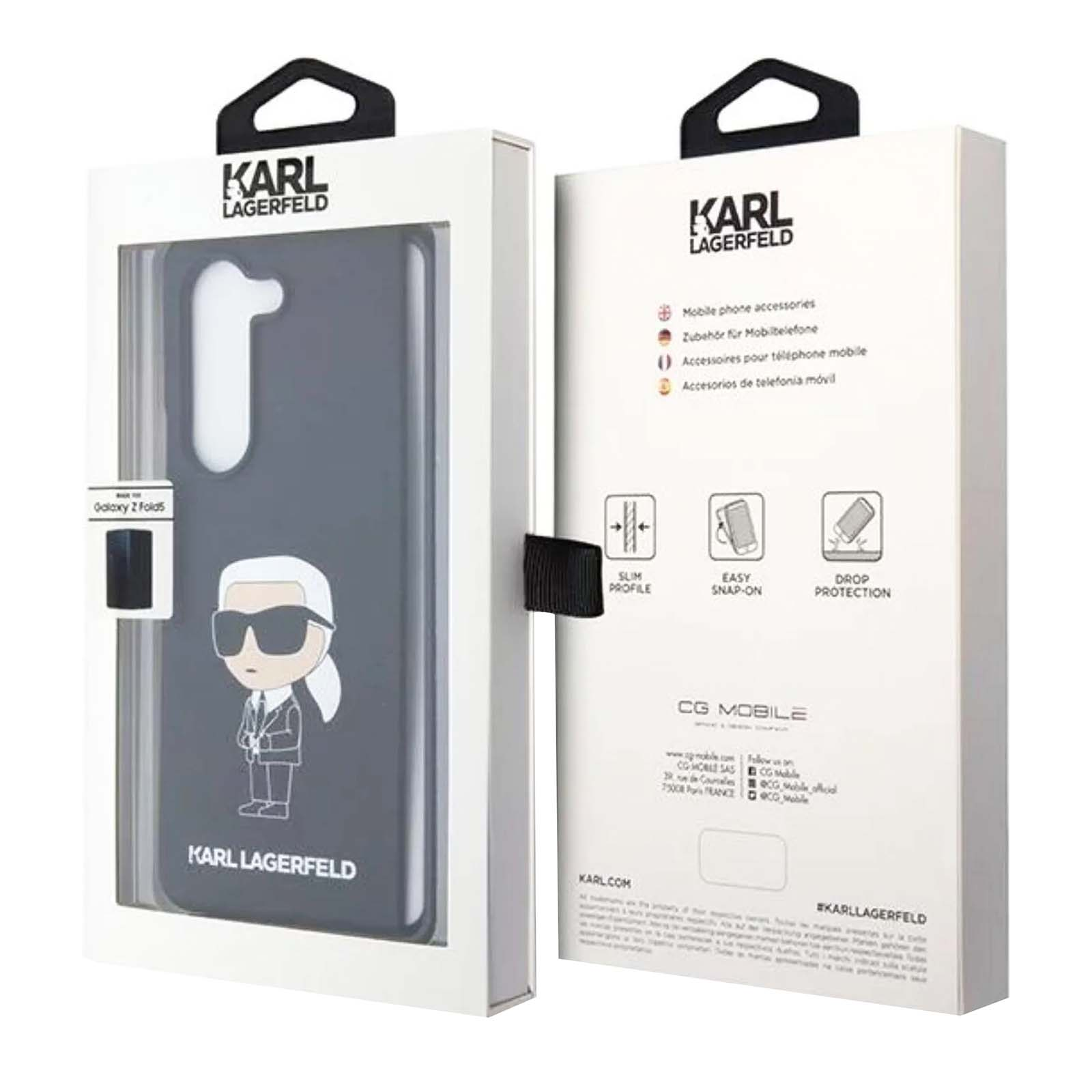 Una scatola per custodie per telefoni presenta Karl Lagerfeld, un design bianco e nero. La scatola è aperta.