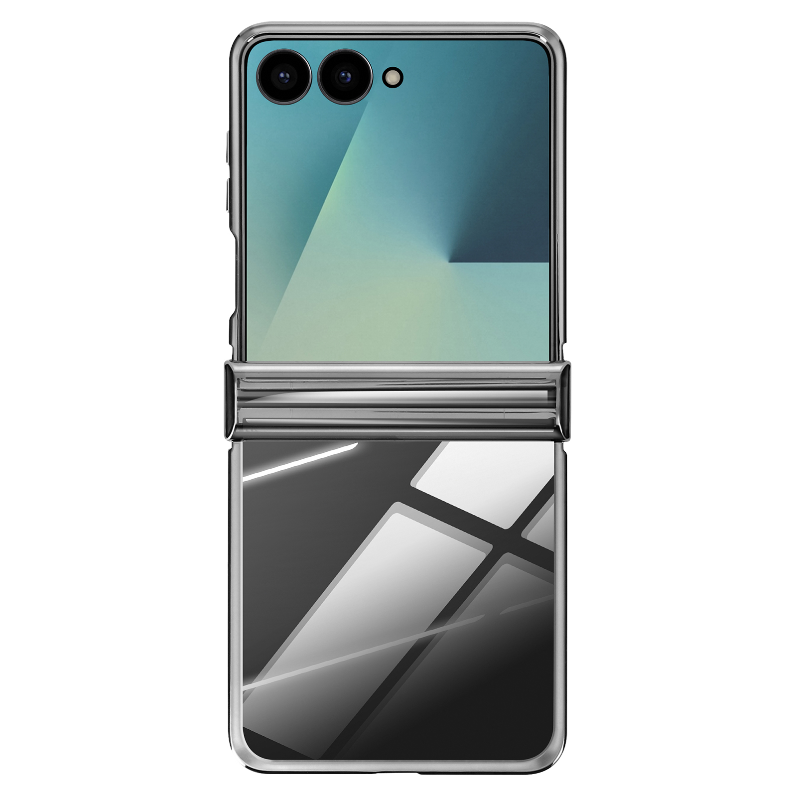 Een zilveren opvouwbare telefoon, open. Het scherm toont een blauw-groene gradiënt. De onderste helft is reflecterend zwart.