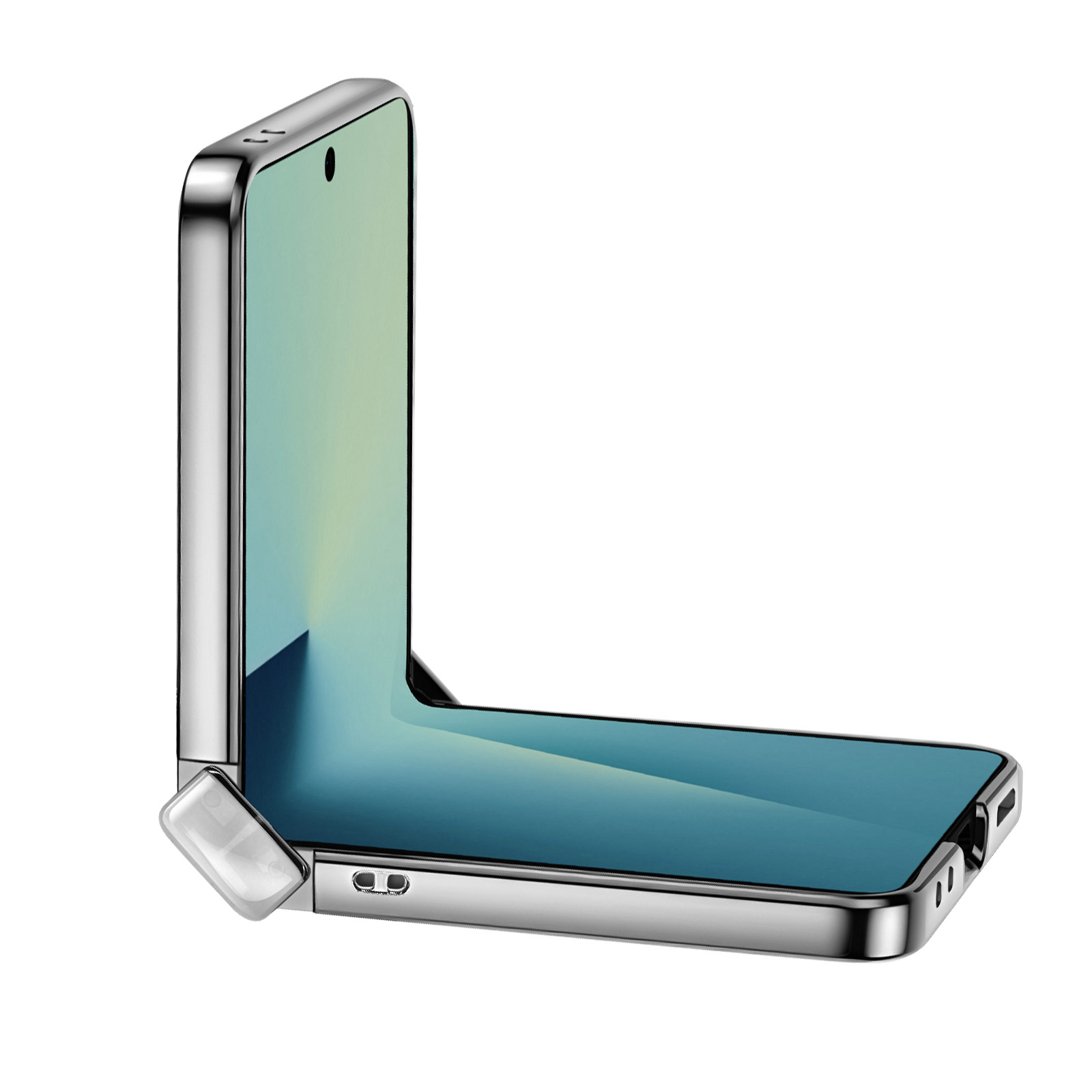 Zilveren opvouwbare smartphone, gedeeltelijk open, met een blauw en groen scherm, witte achtergrond.