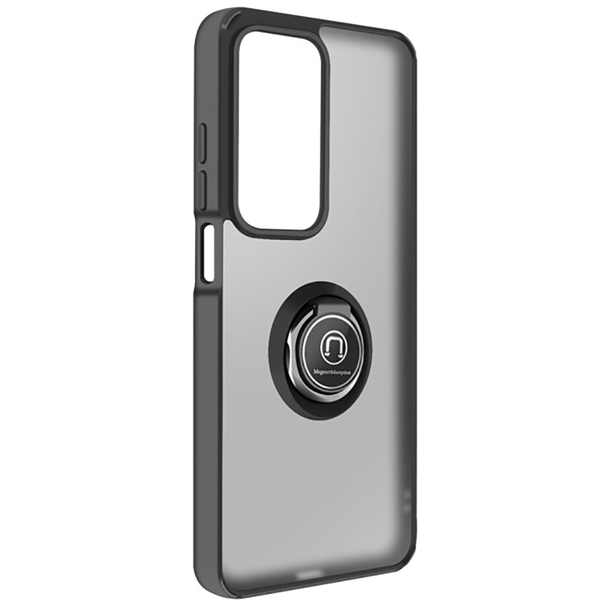 Une coque de téléphone avec un cadre noir et un support d'anneau argenté. La coque est grise avec une découpe noire pour l'appareil photo.
