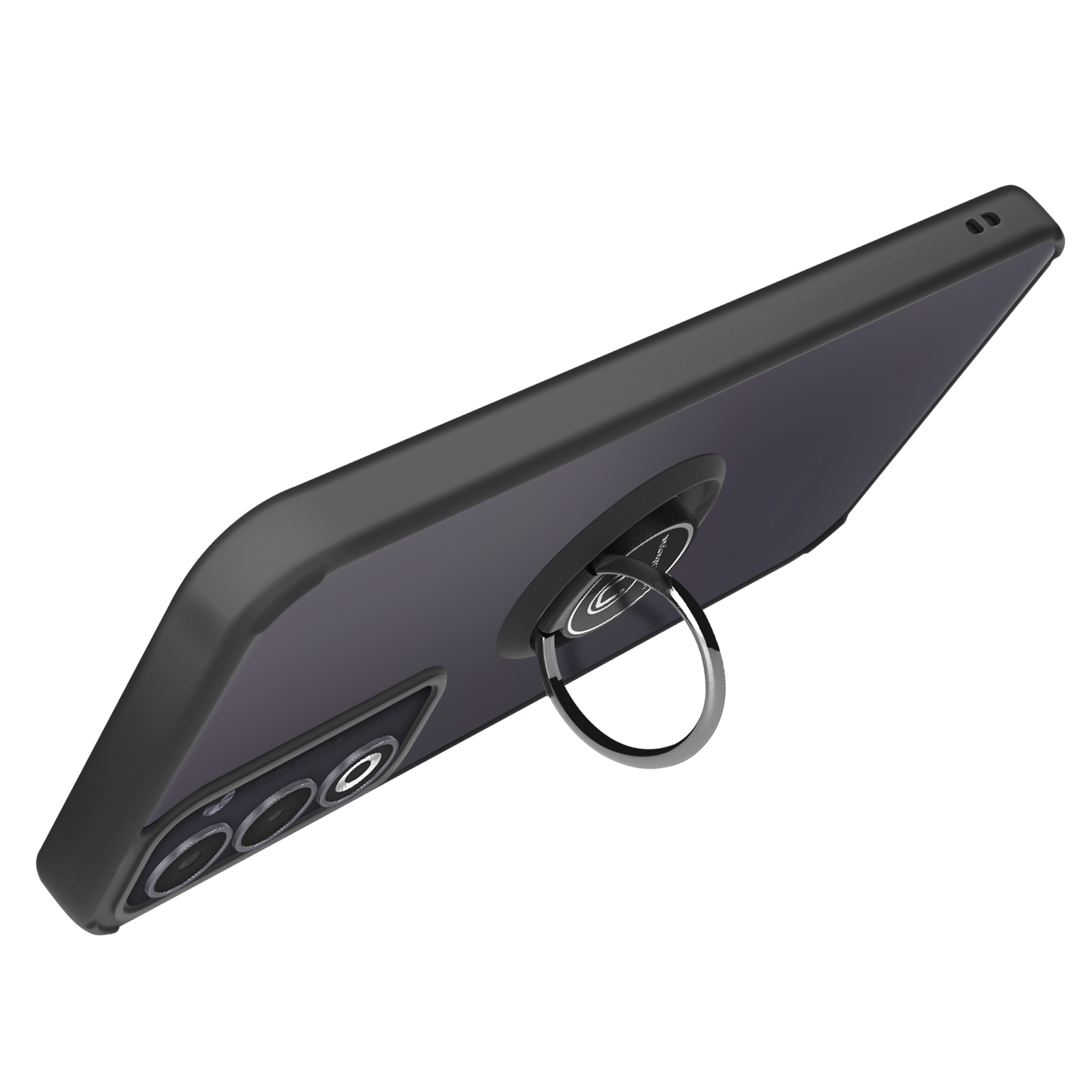 Un téléphone noir avec un porte-anneau est affiché. Le téléphone a un écran gris foncé et un anneau argenté.