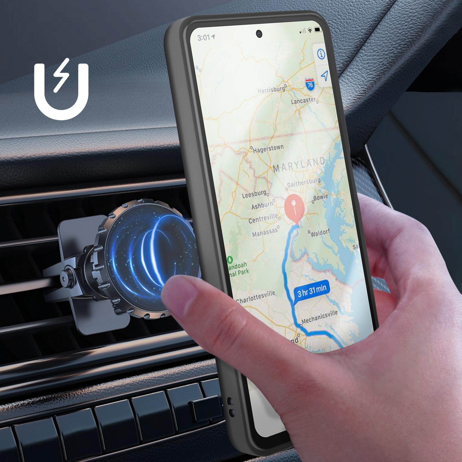 Un téléphone affichant une carte est tenu près d'une ventilation de voiture, avec un support de téléphone magnétique fixé. Une main touche le téléphone.