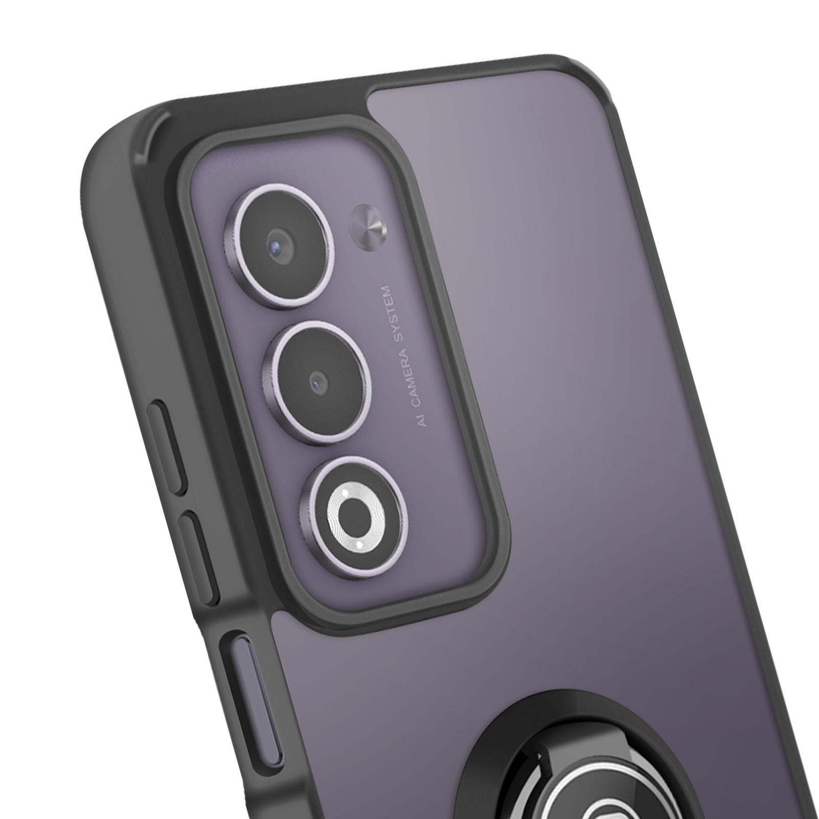 Une coque de téléphone avec trois objectifs. L'étui est noir avec un dos violet et un support d'anneau.