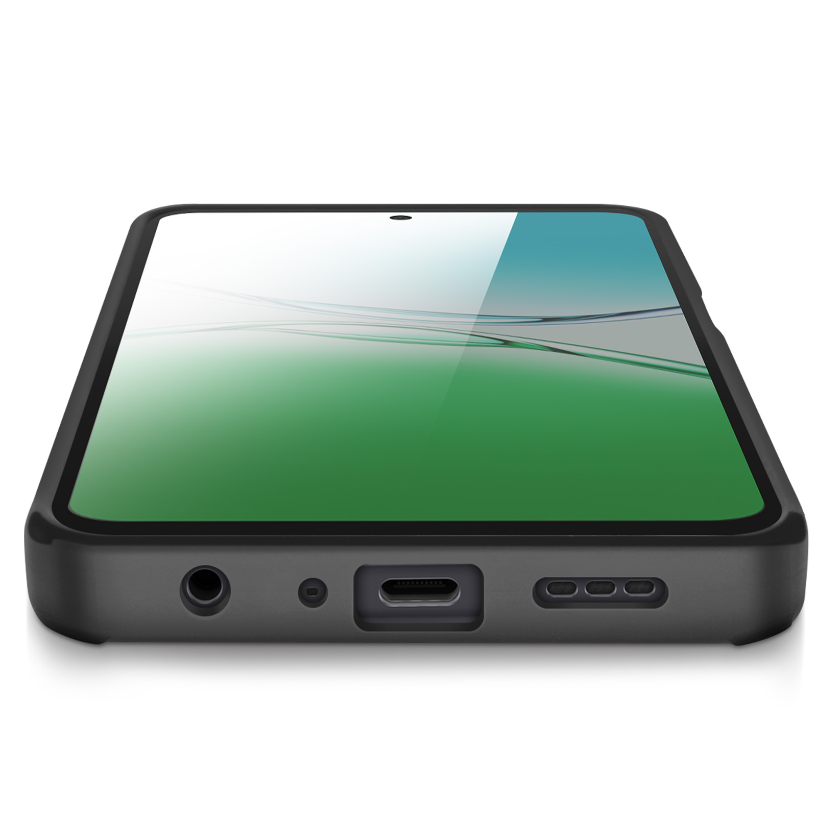 Gros plan d'un smartphone noir. L'écran affiche des teintes vertes et bleues. Les ports visibles incluent une prise casque et un port USB-C.