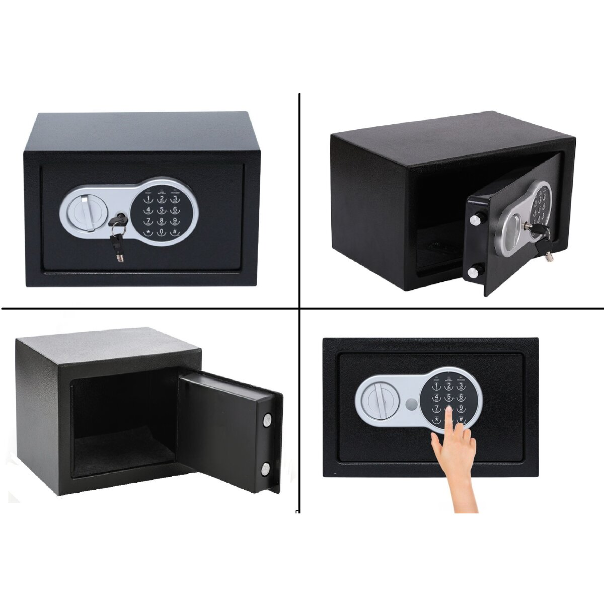 Vier Bilder eines schwarzen Safes. Einer geschlossen, einer geöffnet, ein weiterer halb geöffnet und einer mit einer Hand auf der Tastatur.