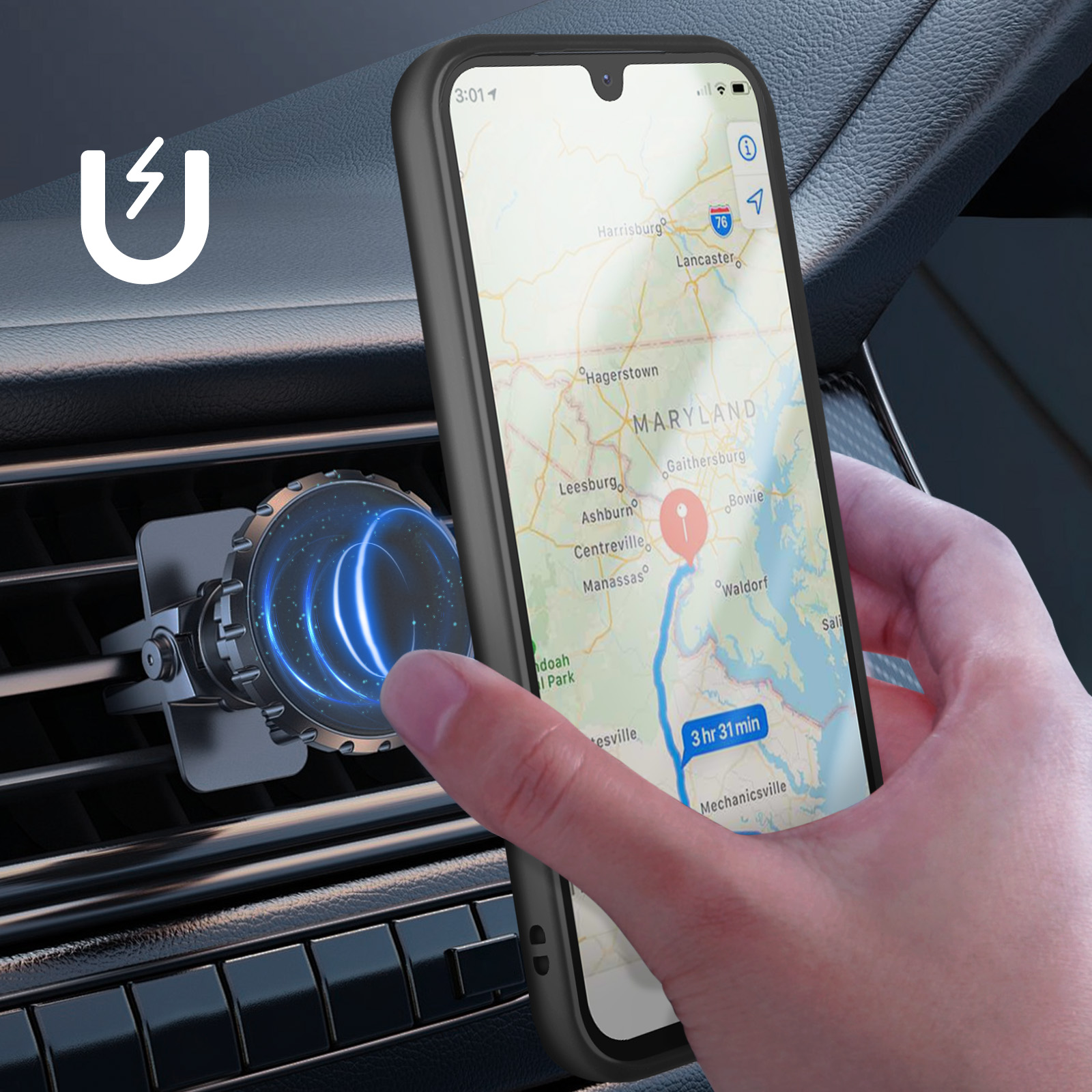Ein Telefon mit Karte im Auto. Eine Hand berührt den Bildschirm, in der Nähe einer am Lüfter befestigten Halterung.