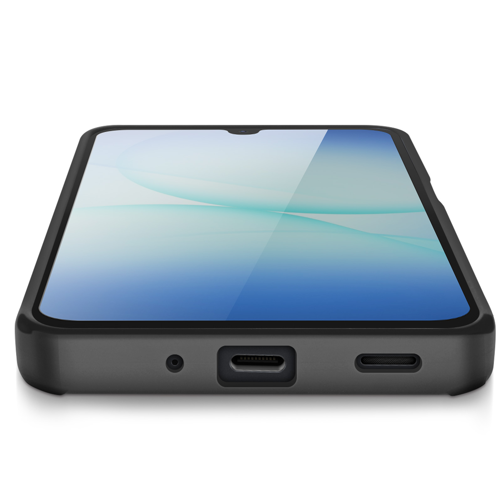 Ein Smartphone in einer schwarzen Hülle, der Bildschirm zeigt ein blau-weißes abstraktes Design, Nahaufnahme.