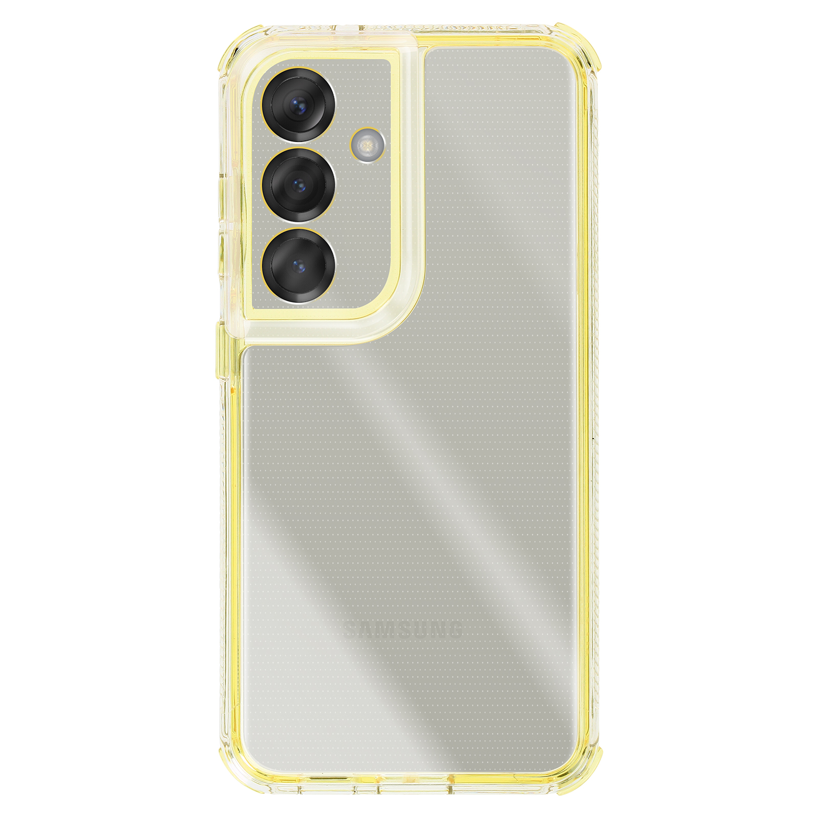 Een doorzichtige telefoonhoes met een gele rand. Drie zwarte cameralenzen zijn zichtbaar. De achtergrond is wit.