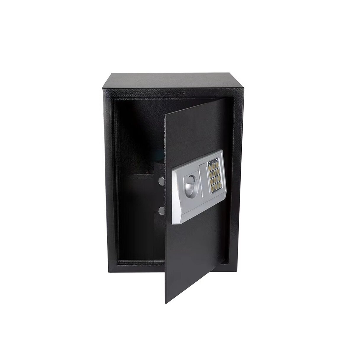 Ein schwarzer Safe mit offener Tür. Auf der Tür sind eine silberne Tastatur und ein runder Griff zu sehen. Der Hintergrund ist weiß.