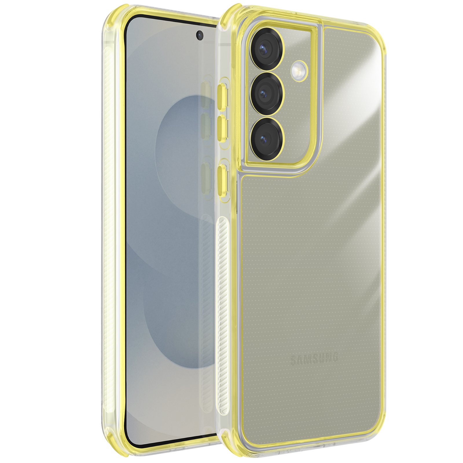 Een doorzichtige telefoonhoes met gele randen, met een smartphone met meerdere cameralenzen.