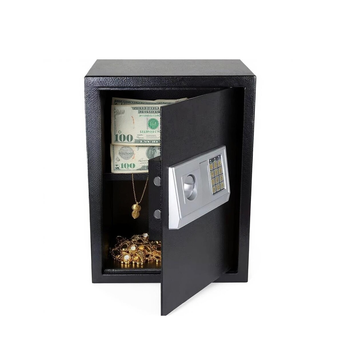 Offener schwarzer Safe mit Geld und Schmuck. Im Inneren befinden sich 100-Dollar-Scheine, eine Halskette und Goldschmuck.