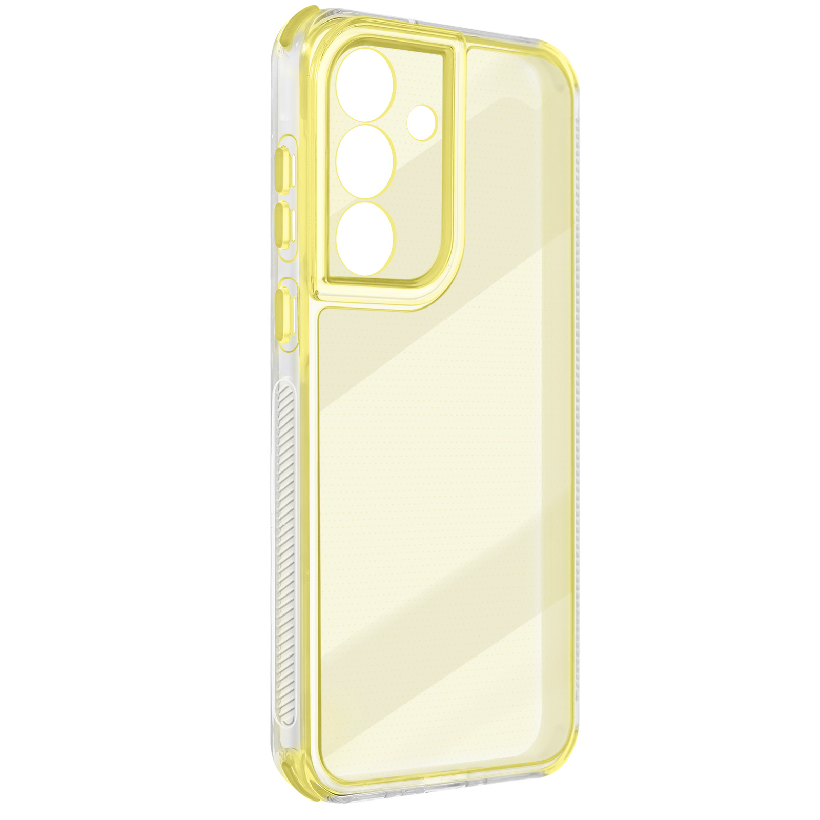 Een doorzichtige telefoonhoes met gele randen. Het heeft uitsparingen voor de camera en knoppen. De achtergrond is wit.
