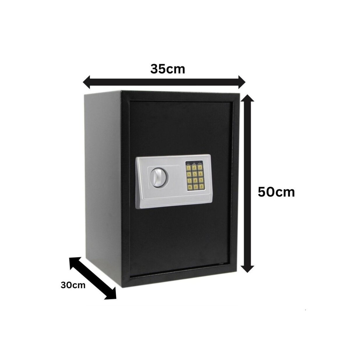 Ein schwarzer Safe mit Tastatur und Griff. Maße: 35cm breit, 50cm hoch und 30cm tief. Weißer Hintergrund.