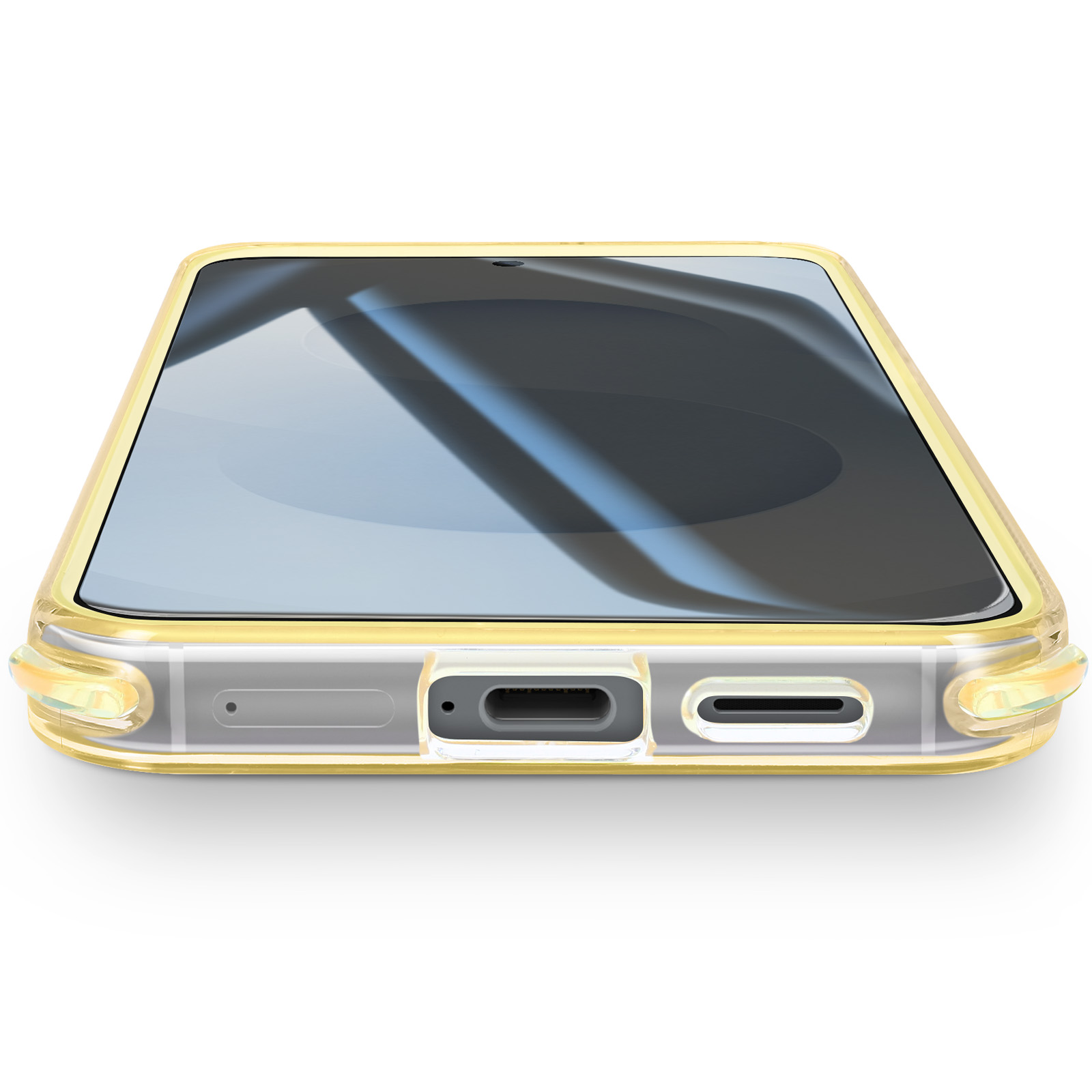 Een telefoon in een transparante hoes. De hoes heeft een gele tint. Het scherm is donker en reflecterend.