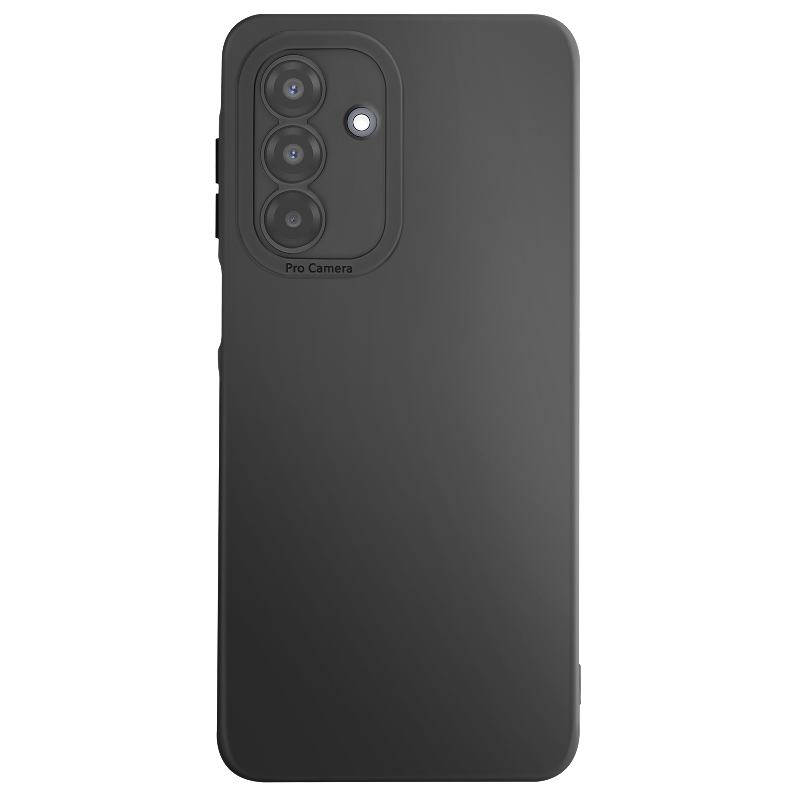 Zwarte smartphonehoes met drie cameralenzen en een flitser. De hoes heeft een 'Pro Camera' label.