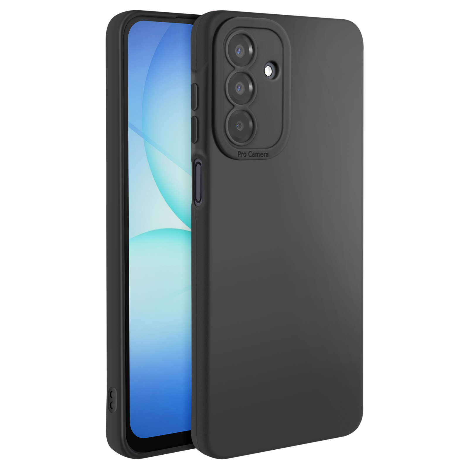 Een zwarte telefoon in een zwarte hoes, die het scherm laat zien. De hoes heeft een camerabult met drie lenzen en "Pro Camera".