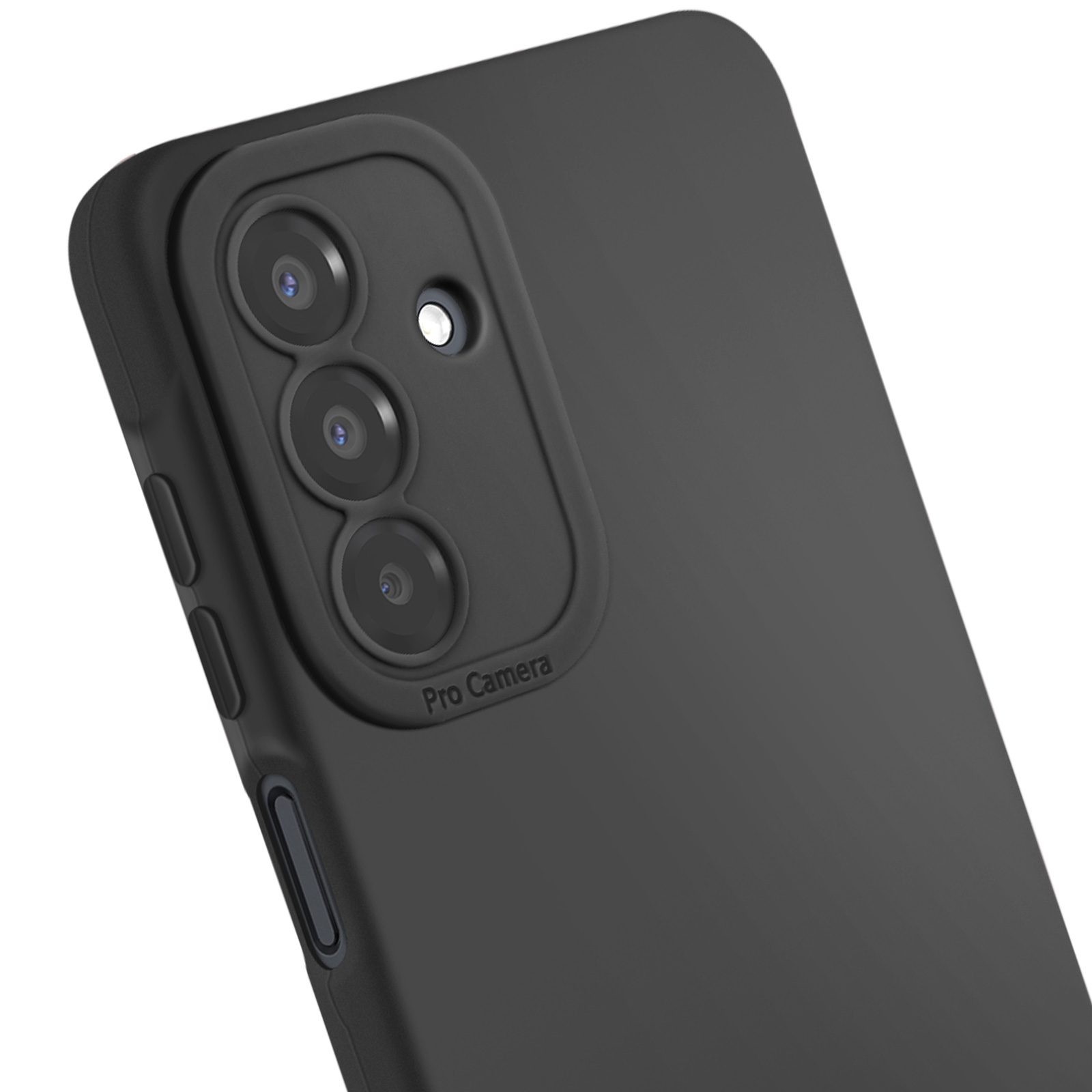 Een close-up van een zwarte telefoonhoes met een camerabult met drie lenzen, met het label 'Pro Camera'.