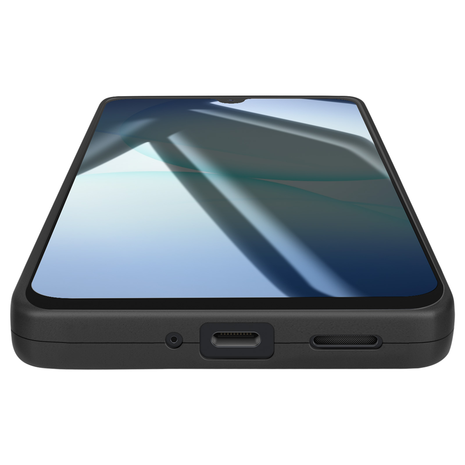 Een zwarte smartphone staat schuin. Het scherm toont een lichtblauw en wit abstract ontwerp.