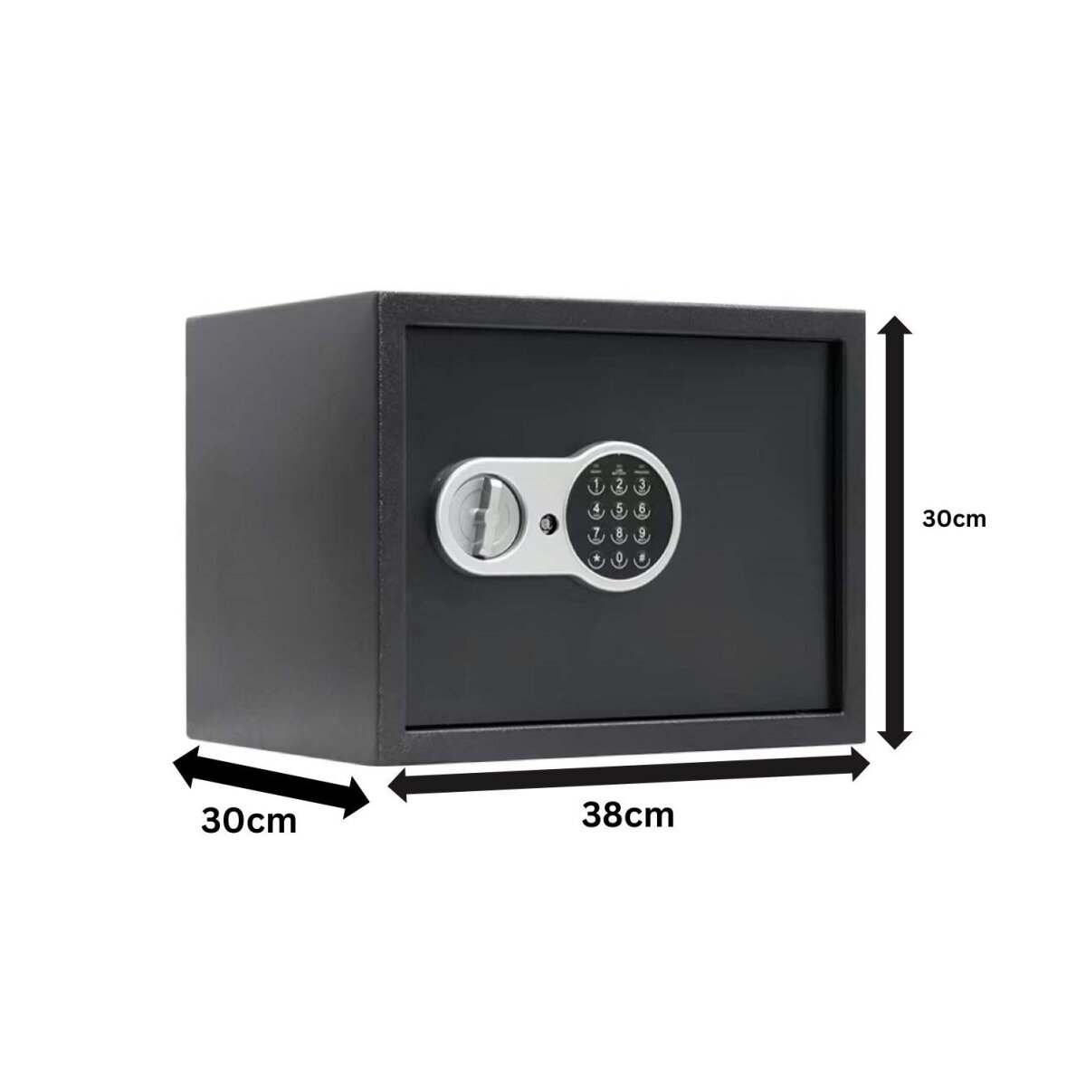 Ein schwarzer Safe mit Tastatur und Griff wird gezeigt, mit den angegebenen Abmessungen: 30 cm hoch, 30 cm tief und 38 cm breit.