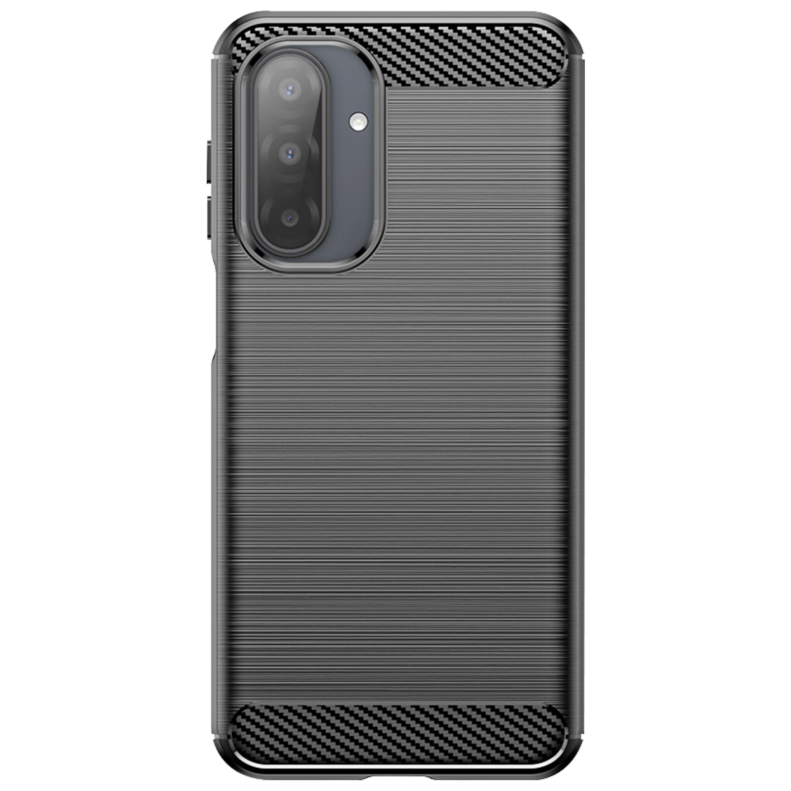 Een donker telefoonhoesje met carbonvezel boven- en onderkant. De achterkant heeft een textuur, lineair patroon.