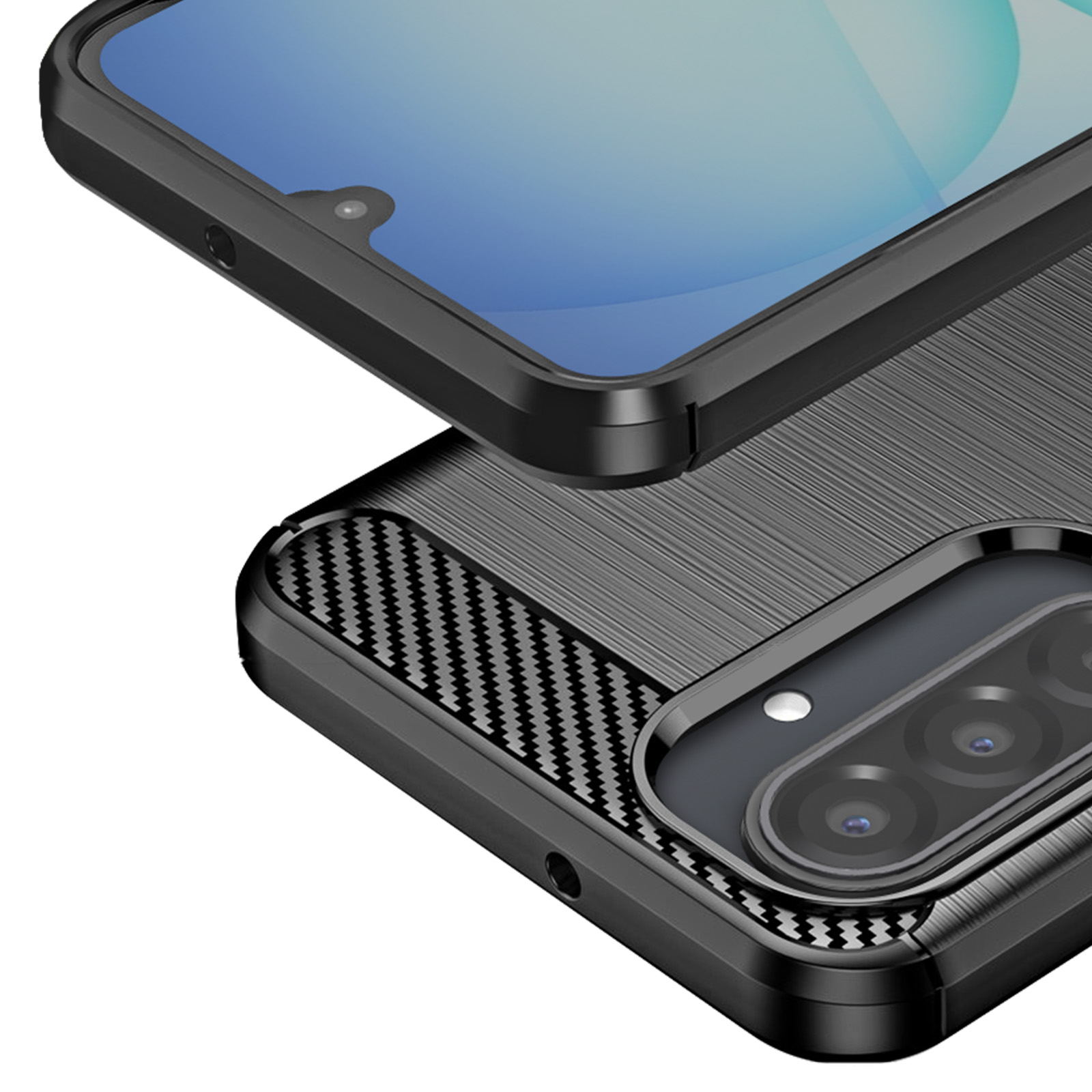 Close-up van een zwarte telefoonhoes. Het scherm is zichtbaar, met een camera en een zwart koolstofvezel ontwerp.