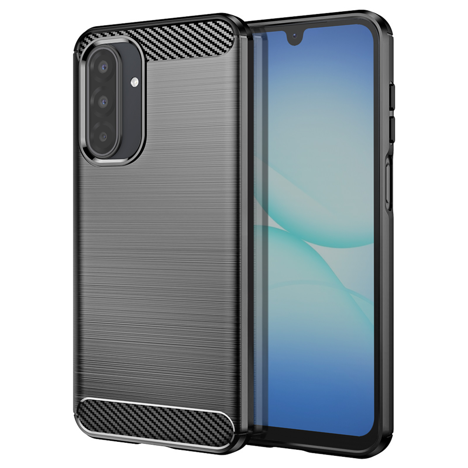 Een grijze telefoonhoes met een koolstofvezelontwerp staat naast een telefoon met een blauw scherm.