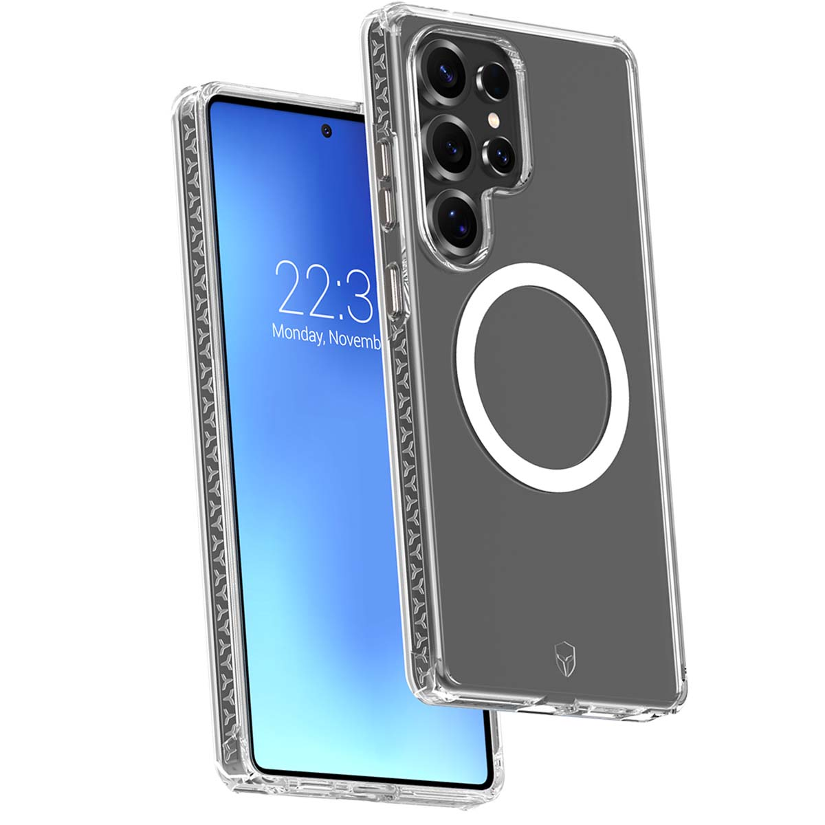 Uno smartphone con custodia, che mostra l'ora 22:31. La custodia ha un cerchio bianco e il telefono una cornice trasparente.