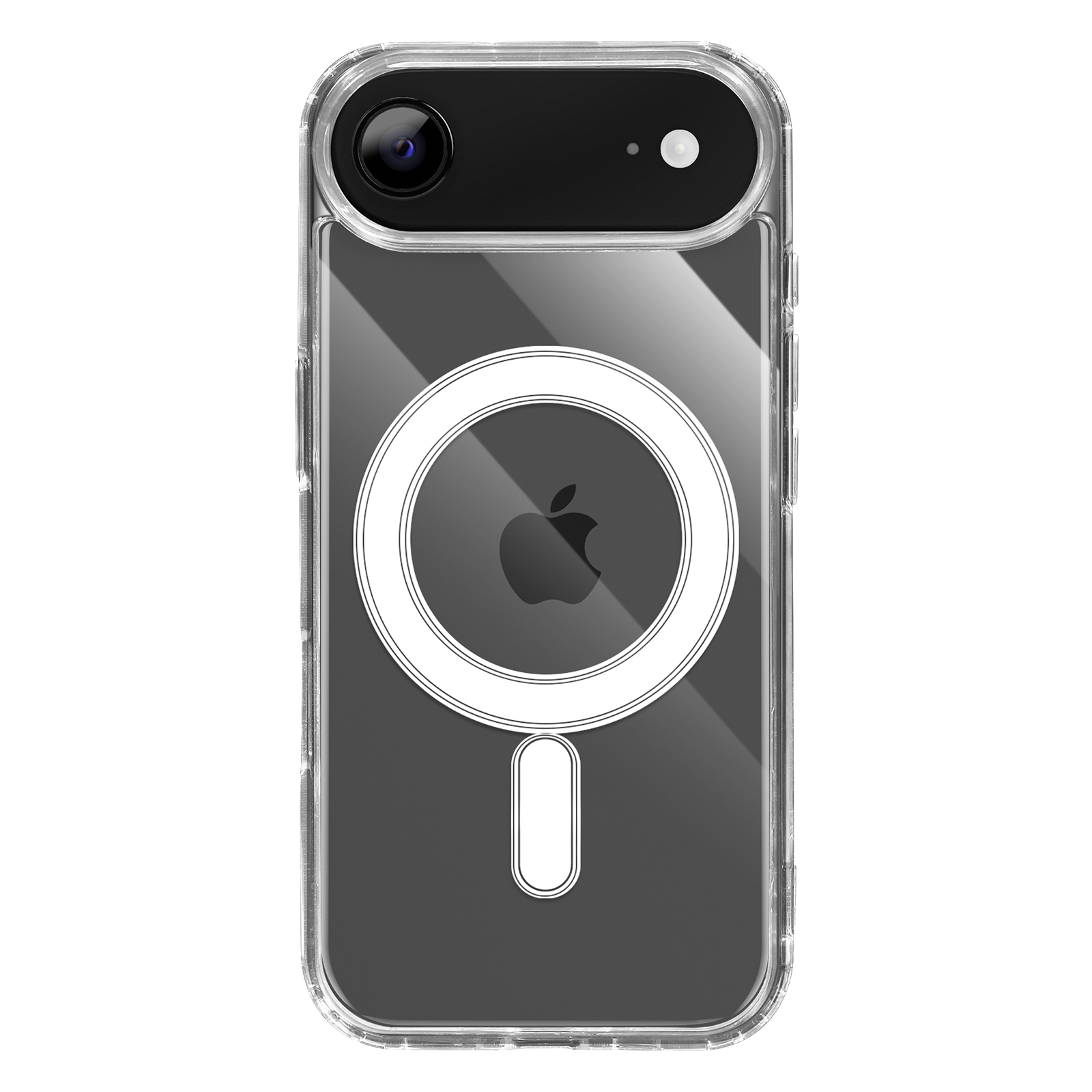 Custodia trasparente con retro nero. Ha un cerchio bianco con logo Apple e un rettangolo bianco in basso.