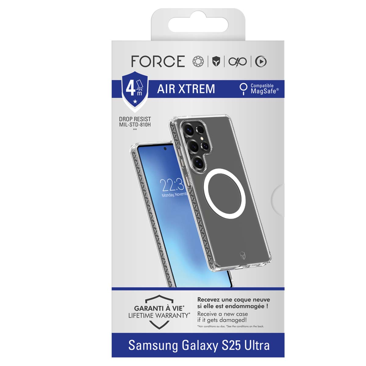 Una confezione di custodia per telefono con il telefono all'interno. La confezione è bianca e blu. Il testo dice AIR XTREM e Samsung Galaxy S25 Ultra.