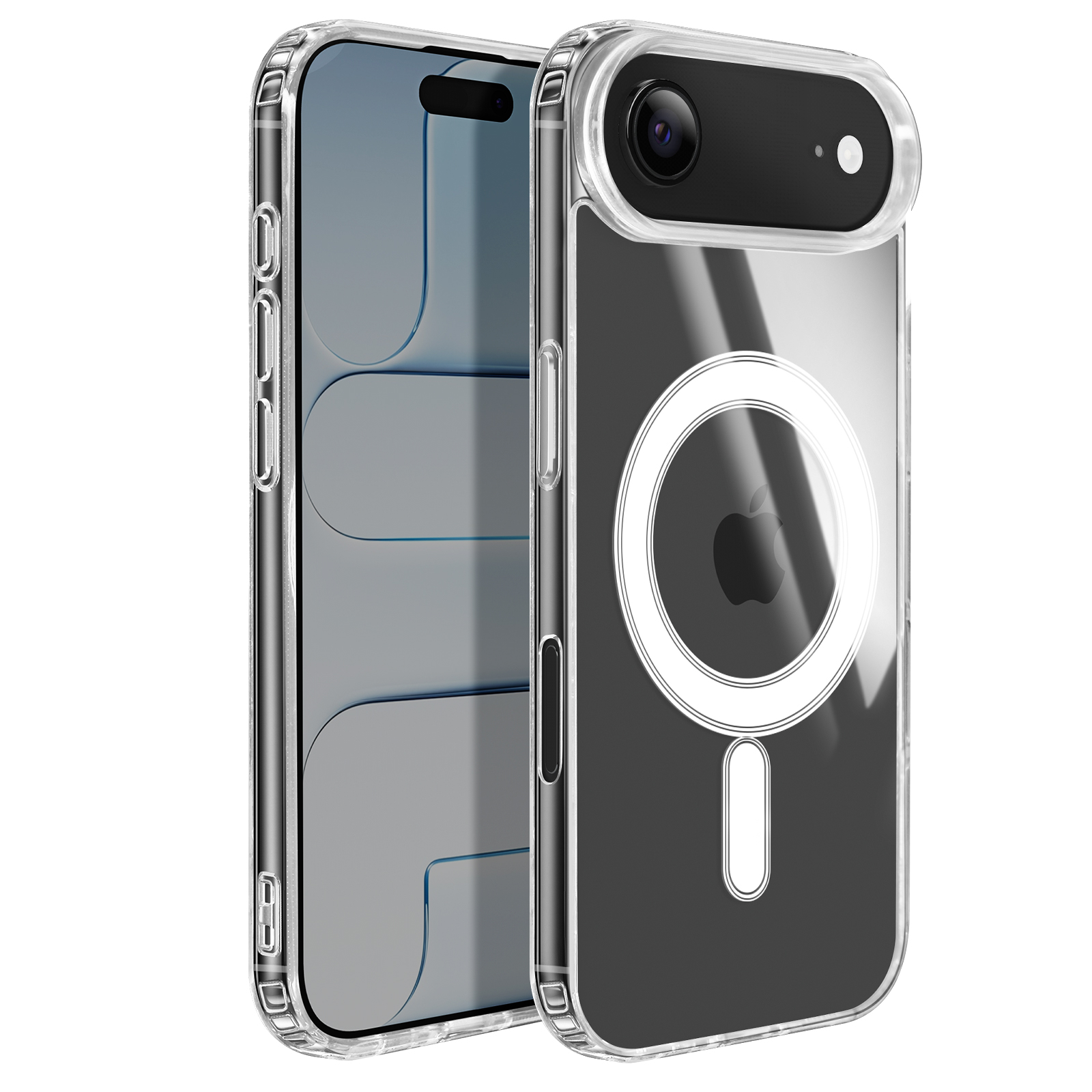 Custodia trasparente con telefono. Ha un anello magnetico bianco e il logo Apple. Il telefono è visibile.