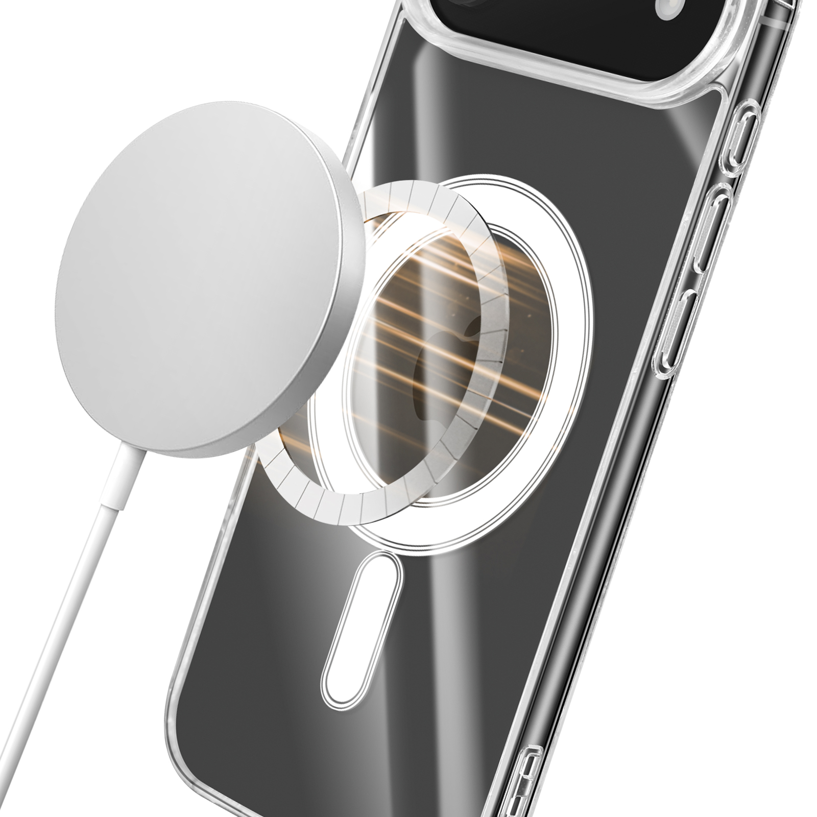Una custodia trasparente per telefono con un pad di ricarica magnetico. Il pad è bianco e collegato da un cavo bianco.