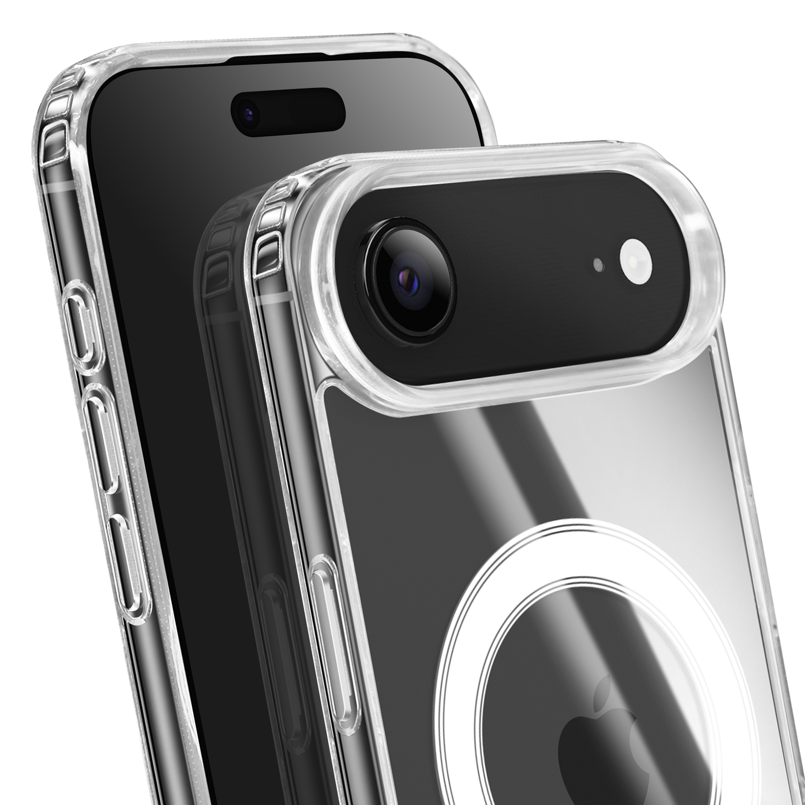Due smartphone in custodie trasparenti. Uno ha la fotocamera, l'altro è dietro. Le custodie hanno bottoni e ritagli.
