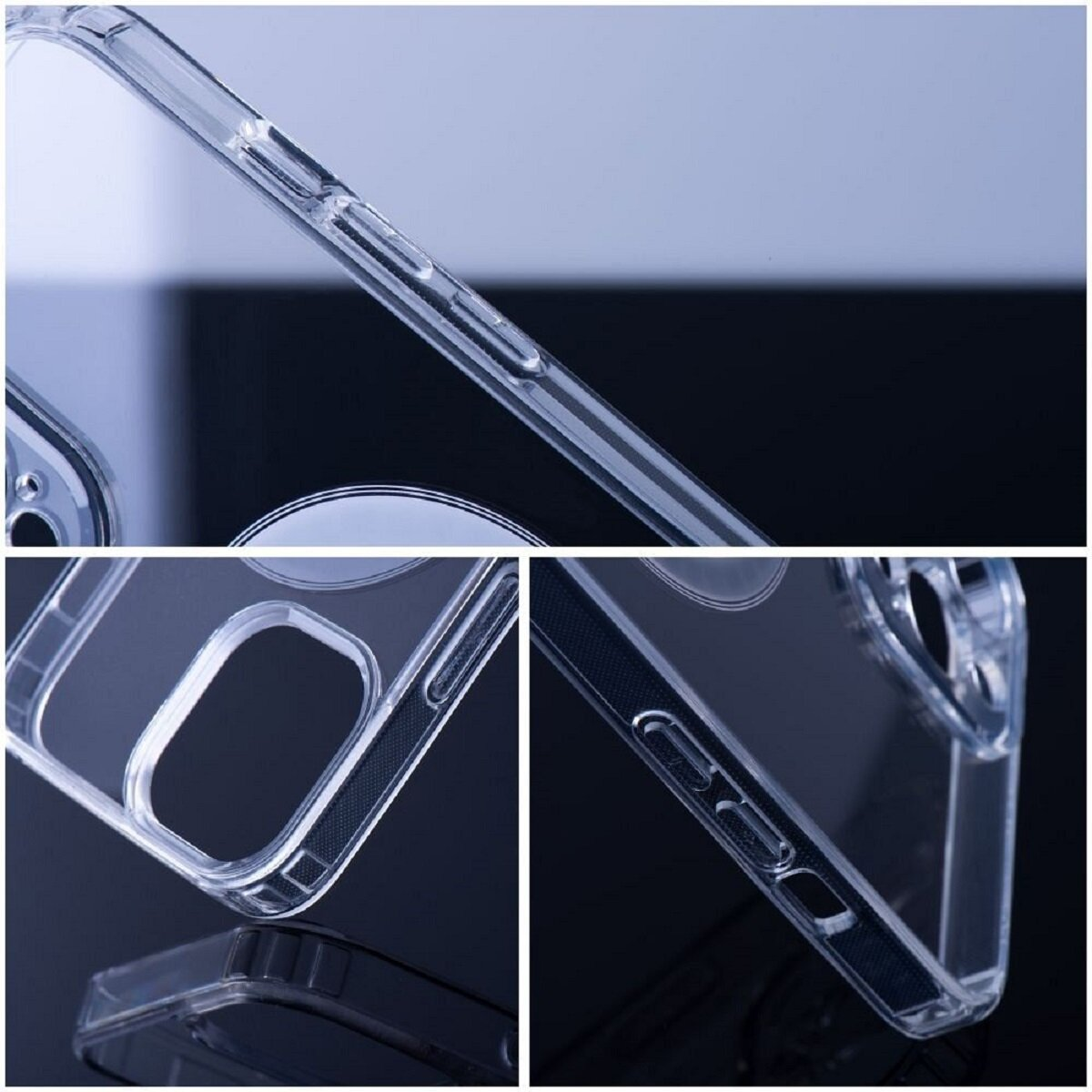 Nahaufnahme einer durchsichtigen Handyhülle mit Knöpfen und Kanten. Der Koffer ist transparent vor blauem und schwarzem Hintergrund.