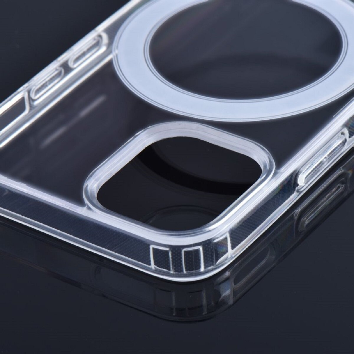 Transparente Handyhülle. Sie hat ein Kamera Loch und einen kreisförmigen MagSafe-Ring auf schwarzem Hintergrund.