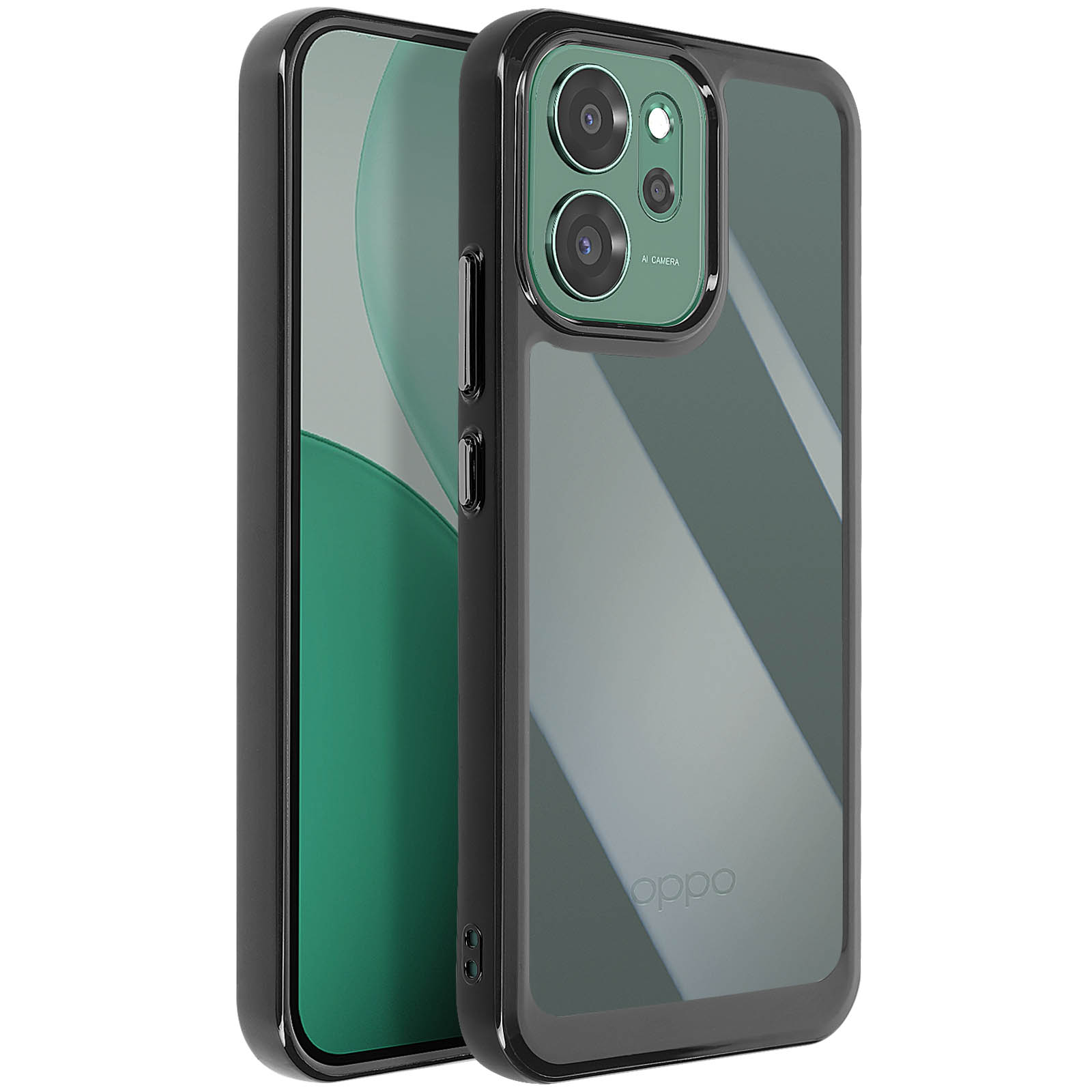 Telefono in una custodia nera. Il telefono ha un'area fotocamera verde e la custodia la parola 'oppo'.