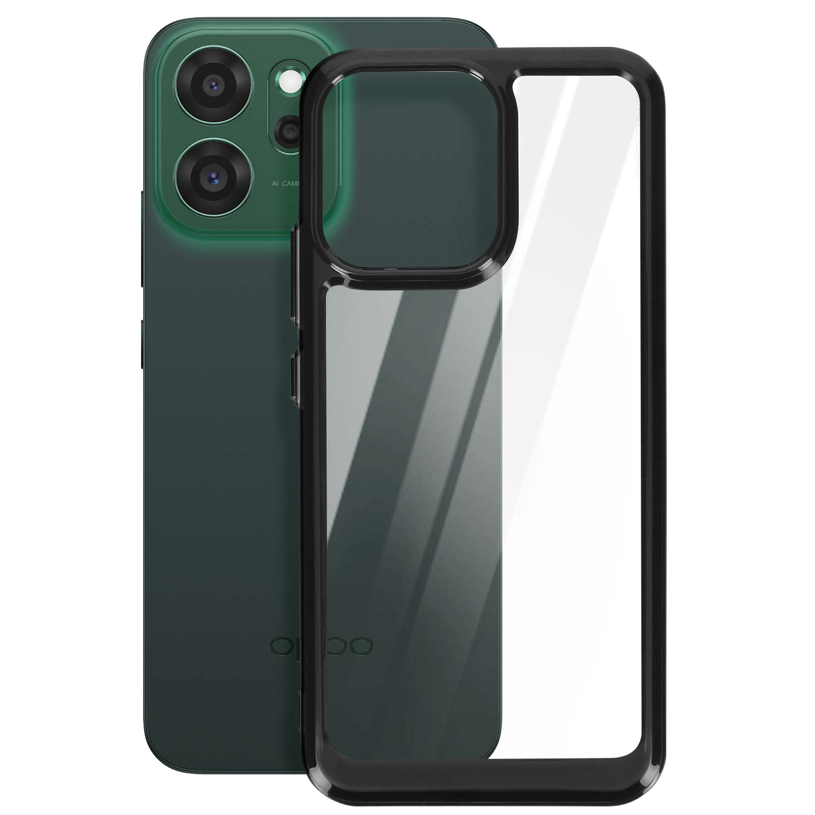 Uno smartphone verde con una custodia protettiva nera. Il telefono ha tre fotocamere e un'etichetta fotocamera AI.
