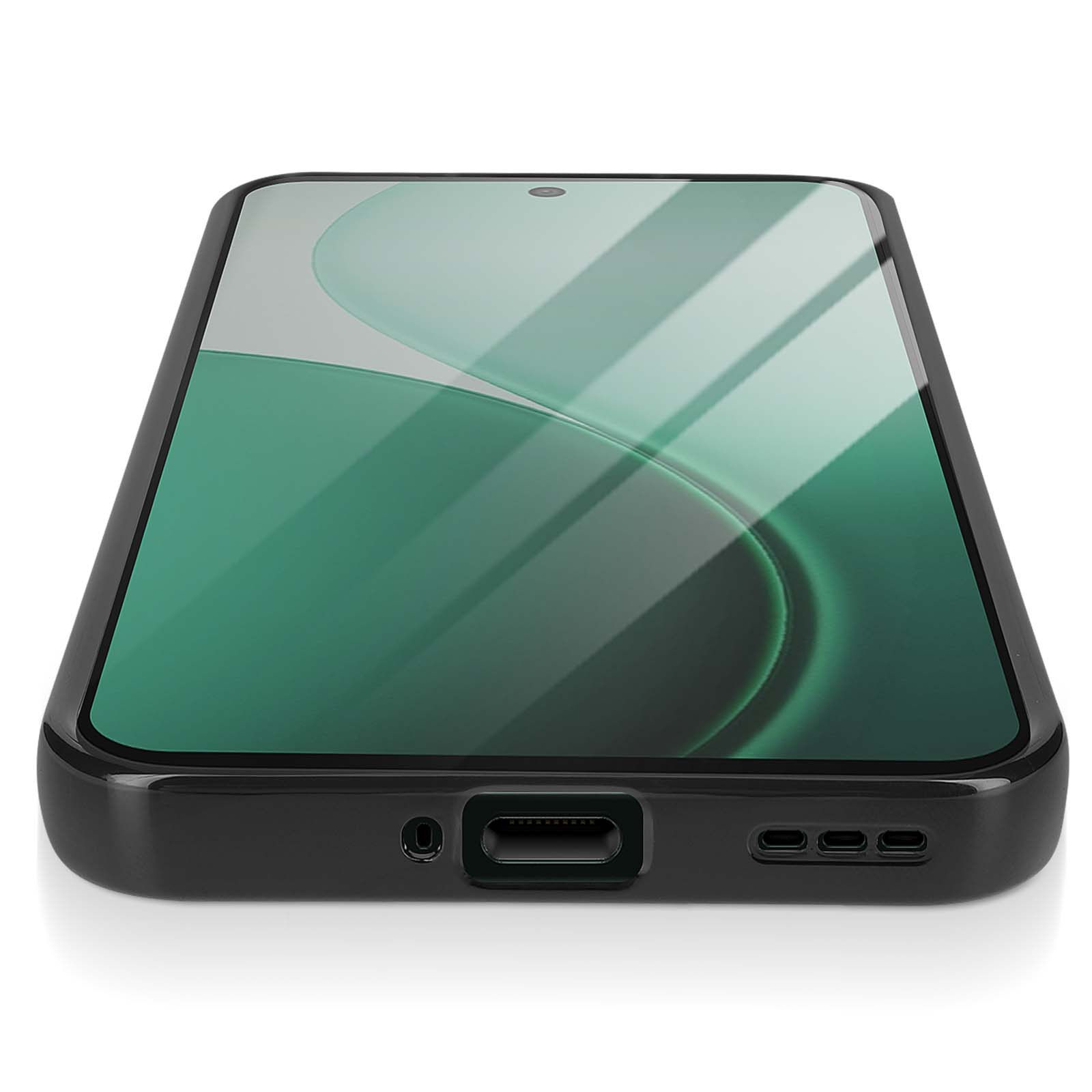 Custodia nera per telefono con protezione schermo verde. Lo schermo ha un motivo a spirale. La custodia è su una superficie bianca.