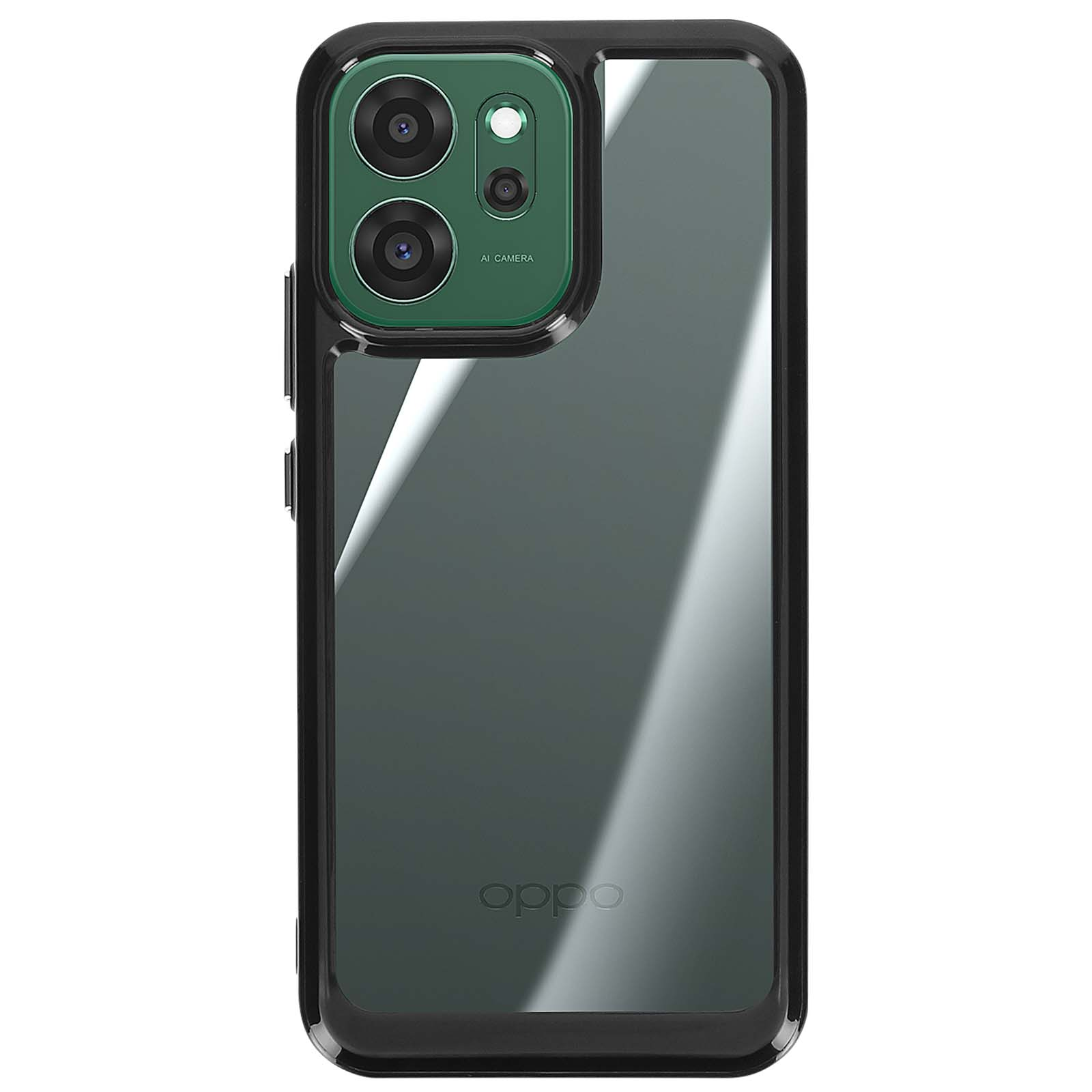 Custodia trasparente per telefono con cornice nera. Ha un alloggiamento della fotocamera verde con due lenti e un'etichetta AI camera. Il logo Oppo è visibile.