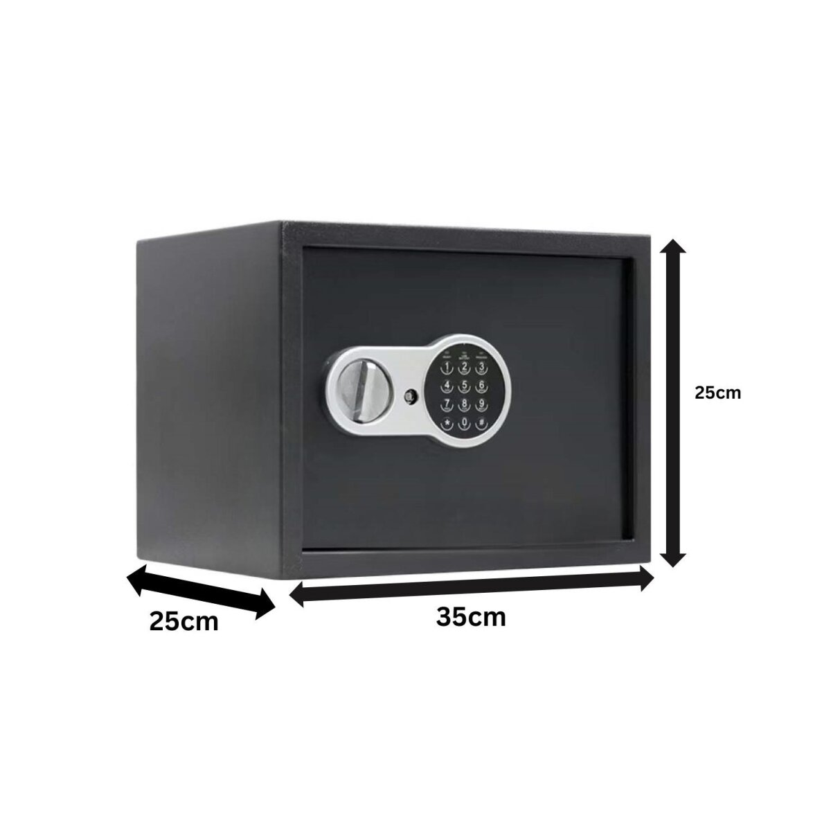 Ein schwarzer Safe mit digitaler Tastatur und silbernem Griff. Abmessungen sind beschriftet: 25 cm, 35 cm und 25 cm.