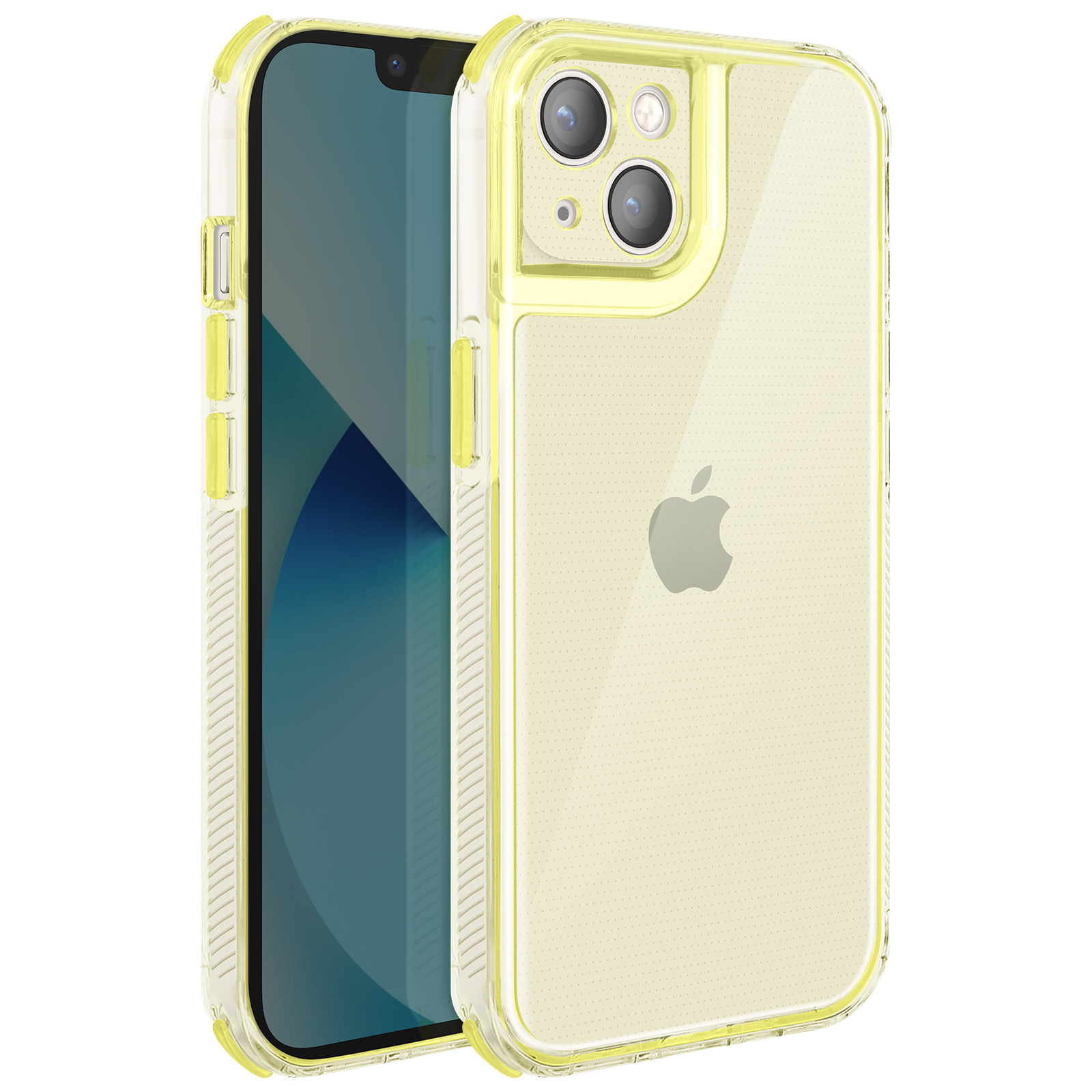 Eine transparente Handyhülle mit gelben Akzenten schützt ein Telefon. Das Telefon hat einen blauen Bildschirm und ein Apfel-Logo.