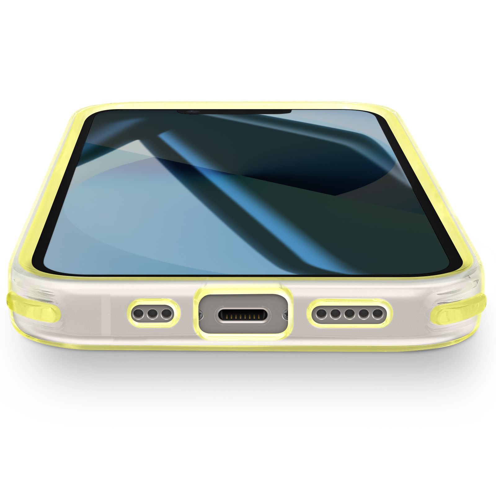 Ein Telefon in einer gelb umrandeten Hülle. Der Bildschirm zeigt ein blau-weißes abstraktes Design, und die Hülle befindet sich auf weißem Hintergrund.