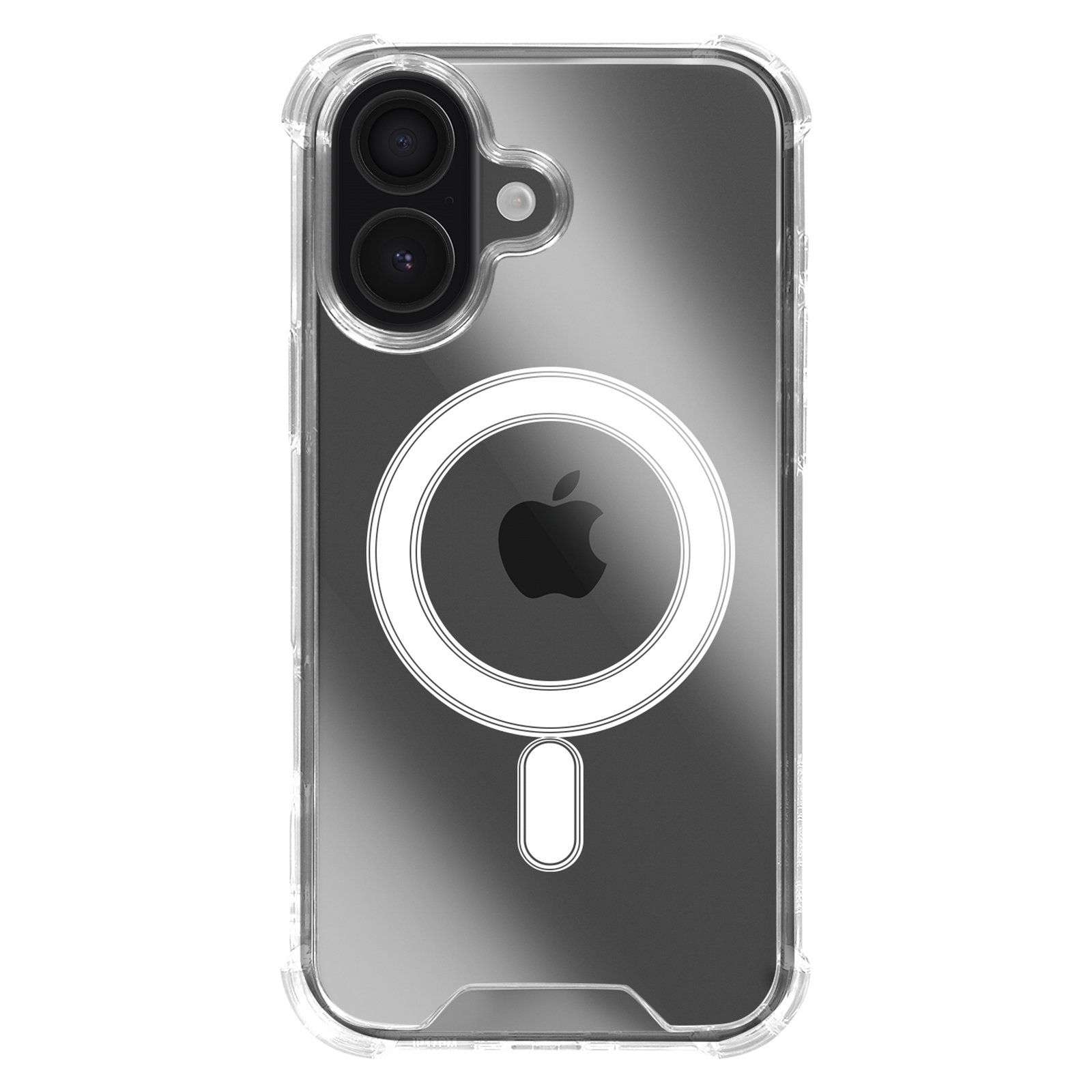 Custodia trasparente per iPhone, che mostra il retro del telefono. Con logo Apple, anello bianco e rettangolo bianco.