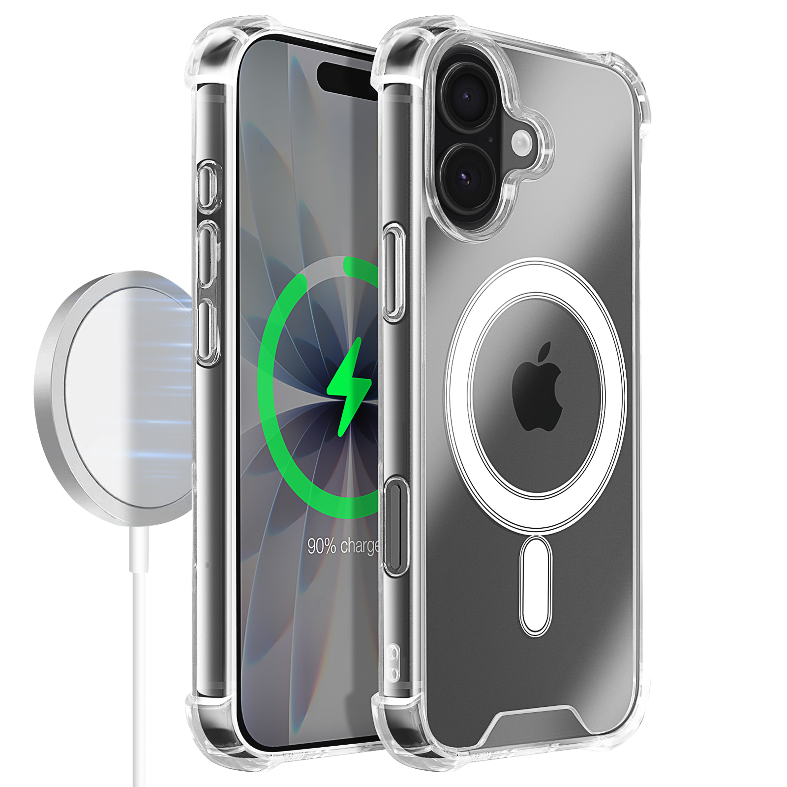 Custodie trasparenti per telefono con telefono che mostra il 90% di carica e caricatore wireless. Logo Apple visibile.
