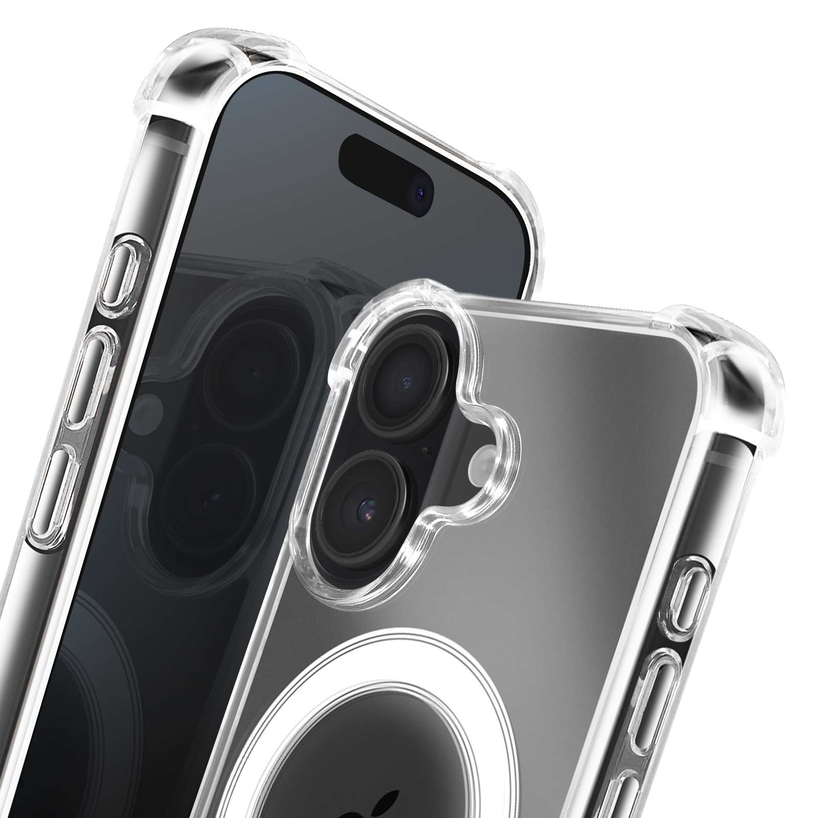 Due custodie trasparenti per telefono, una dietro l'altra. I telefoni hanno uno schermo nero e un array di fotocamere.
