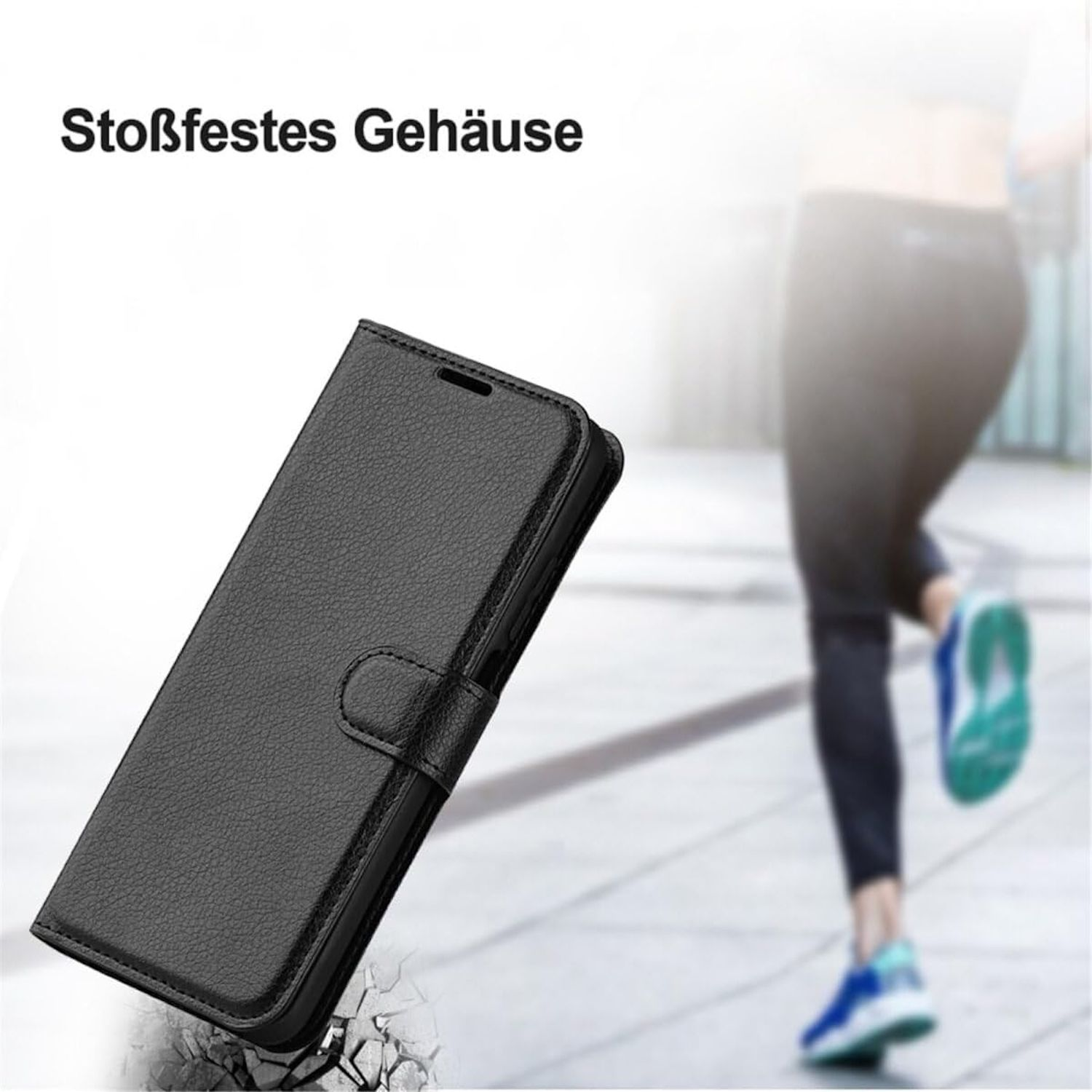 Schwarze Handyhülle mit strukturierter Oberfläche, offen, zum Betrachter geneigt. Verschwommene Person im Hintergrund rennt.